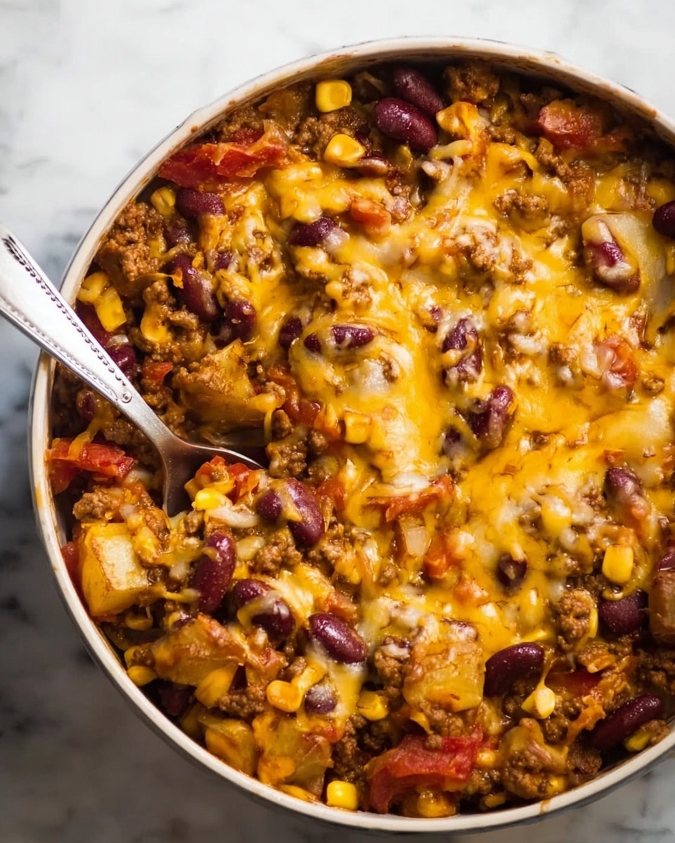 The dish is a casserole with multiple visible layers, served in a white bowl on a white marbled surface. The bottom layer shows dark red kidney beans mixed with small chunks of tomatoes and corn, creating a colorful base. Above this is a layer of cooked ground meat, brown and crumbly. On top of the meat is a thick layer of melted cheese, mostly orange cheddar with some white cheese mixed in, spread unevenly and slightly browned in spots. A large spoon with a white handle is placed inside the casserole, ready to serve. photo taken with an iphone --ar 4:5 --v 7