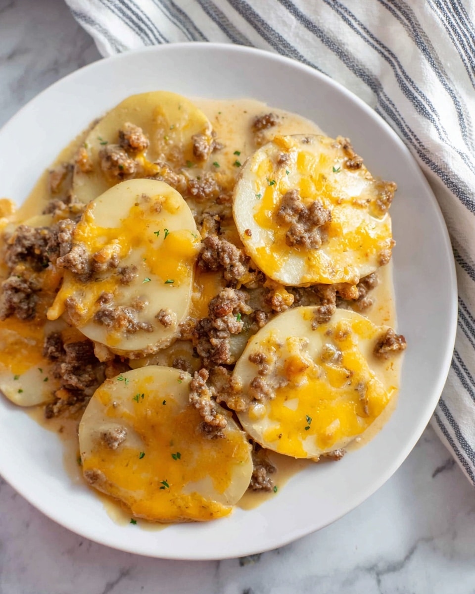 The dish on a white plate shows three big slices of pale yellow potatoes laid flat with a creamy sauce and browned ground meat mixed in around and on top. On the potatoes and meat, a layer of melted orange-yellow cheese is spread unevenly, creating patches of bright color. The textures combine a soft, smooth look of the potatoes and sauce with the crumbly, small meat pieces, all sitting neatly on the plate. The background is a white marbled surface with a faint striped cloth slightly visible. Photo taken with an iphone --ar 4:5 --v 7