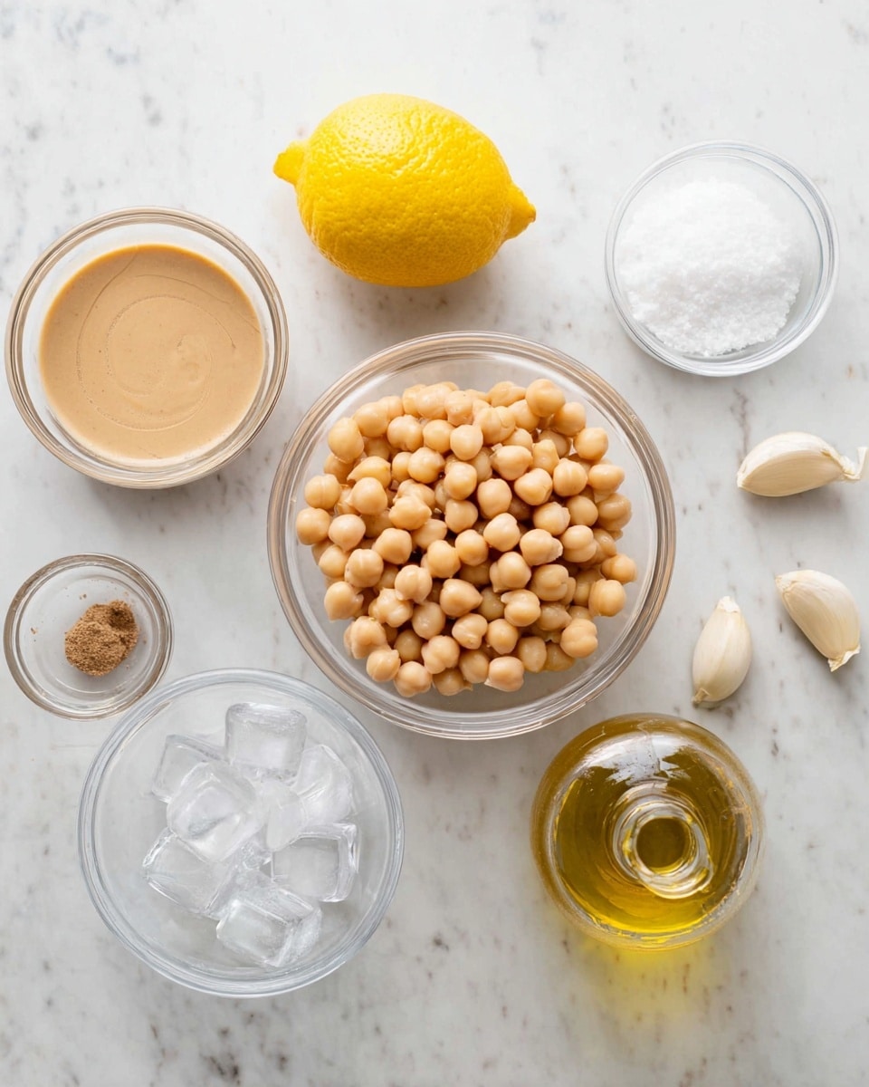 The image shows six small glass bowls and a yellow lemon arranged on a white marbled surface. In the center is a clear glass bowl filled with smooth, round, light beige chickpeas. To the left of this bowl is another glass bowl filled with a tan creamy liquid tahini. Above that is a bright yellow lemon with a textured skin. To the upper right of the chickpeas is a small glass bowl with coarse white salt. Below that is a glass bowl filled with clear ice cubes. At the bottom right corner is a small glass bottle with golden olive oil inside. Near the top right are two whole garlic cloves. The scene is bright and clean, with soft natural light. Photo taken with an iphone --ar 4:5 --v 7
