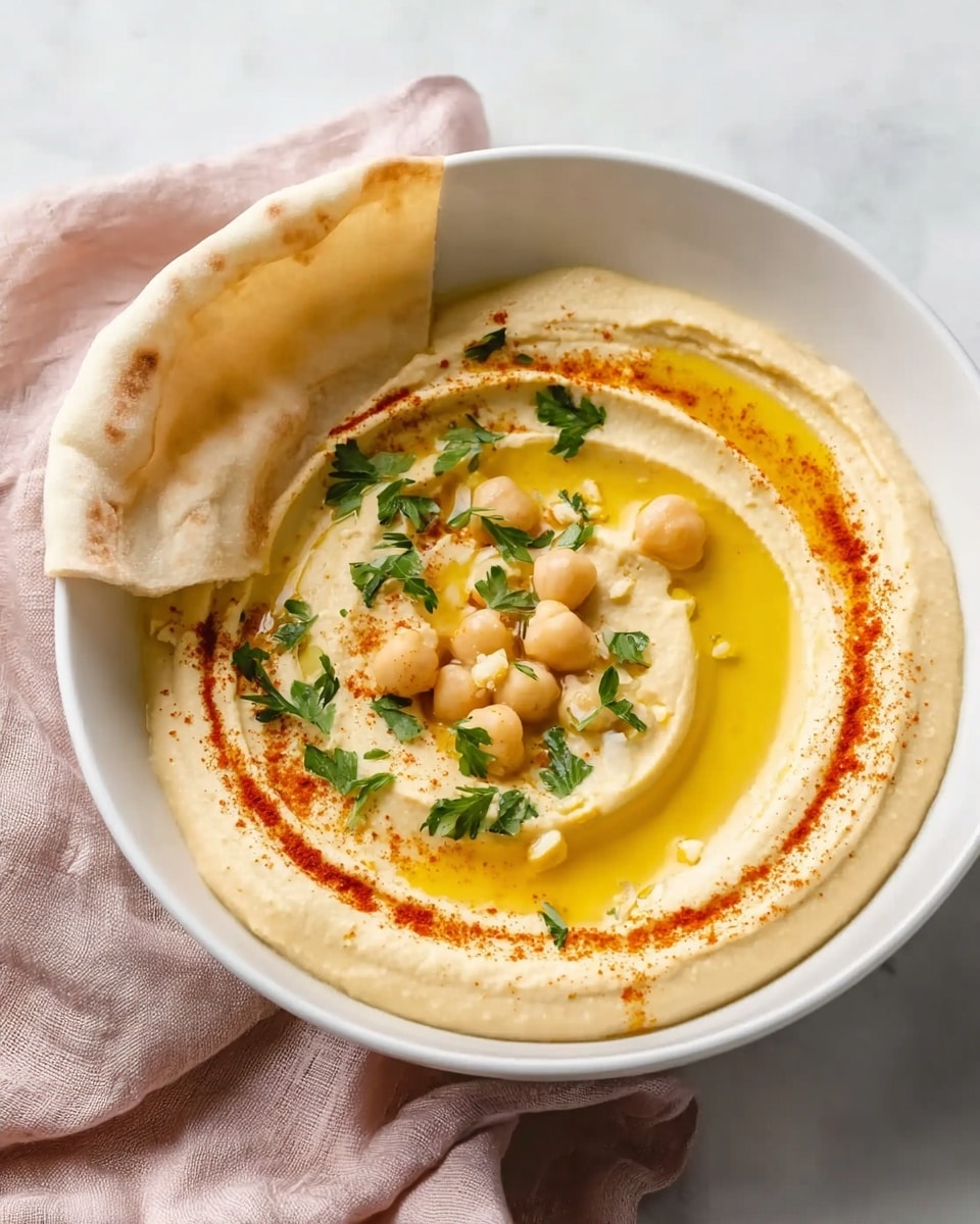 A white bowl filled with smooth, creamy hummus spread evenly, topped with a swirl of golden olive oil pooling in the center. There are small whole chickpeas and fresh green parsley leaves placed in the middle, adding texture and color. Along one edge of the hummus, there are parallel lines of red paprika spice. A large piece of light beige pita bread rests on the side of the bowl, slightly leaning on the hummus. The bowl sits on a white marbled surface, with a soft, light pink cloth in the background. Photo taken with an iphone --ar 4:5 --v 7
