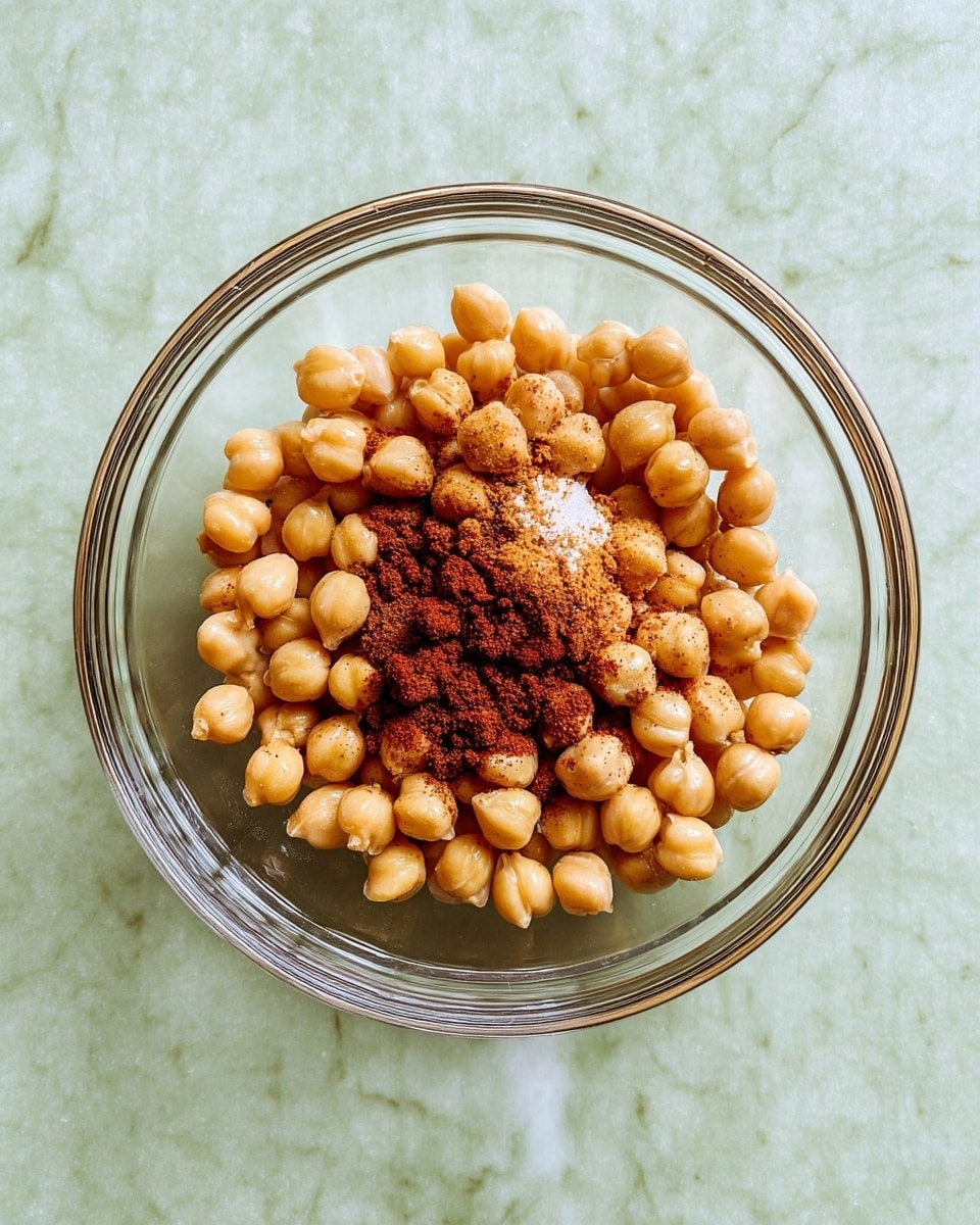 A clear glass bowl sits on a white marbled surface, filled with one layer of light beige chickpeas. On top of the chickpeas, there is a small pile of dark red-brown powdered spices and a sprinkle of white salt, concentrated near the center of the bowl. The chickpeas have a smooth, round texture, and the spices add a dusty look in their cluster. The bowl’s round shape is clear and shiny, showing the simple mix inside with no other elements present. photo taken with an iphone --ar 4:5 --v 7