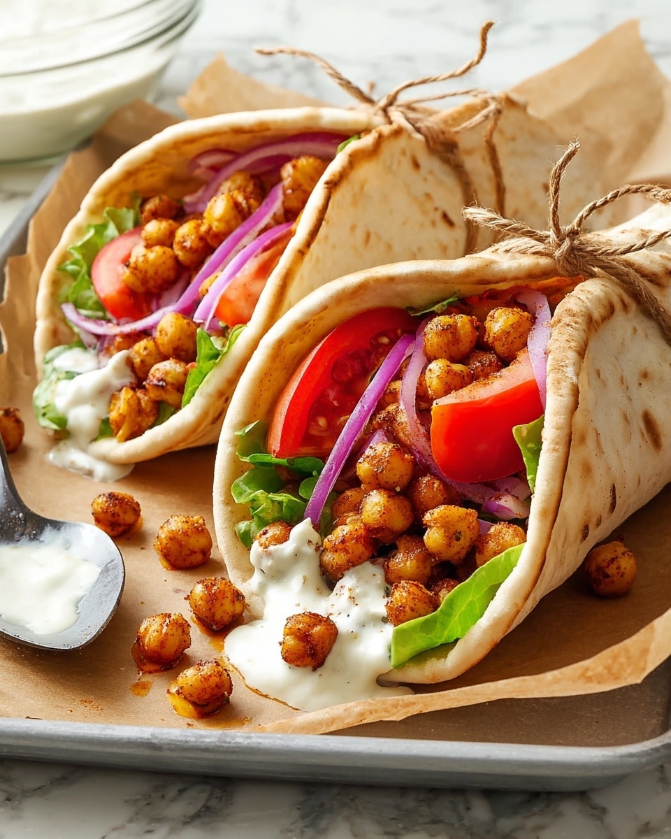 Two soft, warm pita tacos rest on a white tray with brown paper. Each taco is tied gently with a thin string to hold its shape. Inside, there are three main layers: the bottom layer is a creamy white sauce that slightly drips out, the middle layer has golden-brown roasted chickpeas with a crispy texture, and the top layer includes fresh green lettuce, bright red tomato slices, and thin slices of purple onion. Some chickpeas have spilled out onto the tray. The tray sits on a white marbled surface, and a spoon with more sauce is on the tray near the bottom left corner. Photo taken with an iphone --ar 4:5 --v 7