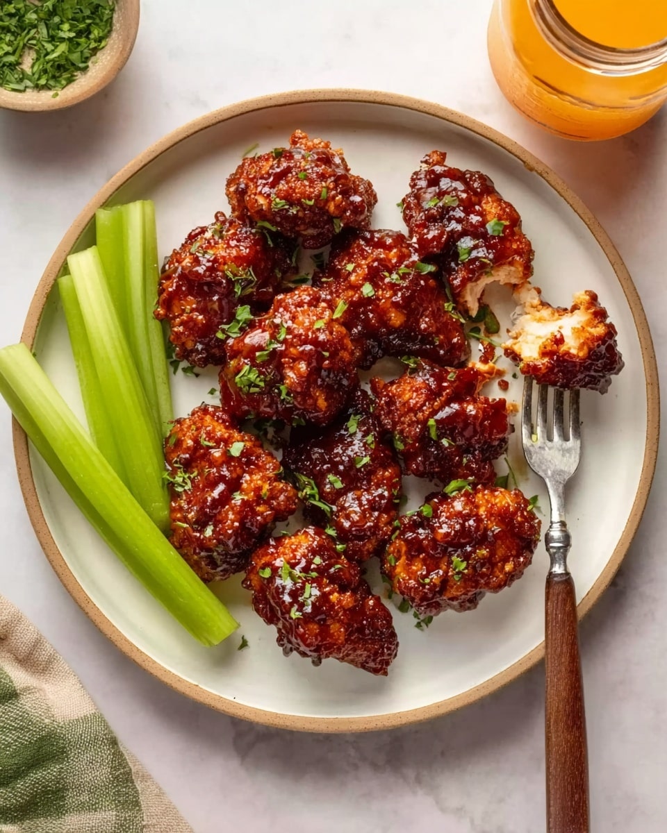 The image shows a white plate with nine pieces of crispy fried chicken coated in sticky dark reddish-brown sauce, some sprinkled with small green herbs. One piece is held by a fork with a wooden handle and is bitten to show the white inside meat. Three fresh green celery sticks rest on the left side of the plate. The plate sits on a beige rimmed bowl placed on a white marbled surface. Nearby, a jar with orange drink and a small bowl with chopped green herbs are partially visible. Photo taken with an iphone --ar 4:5 --v 7