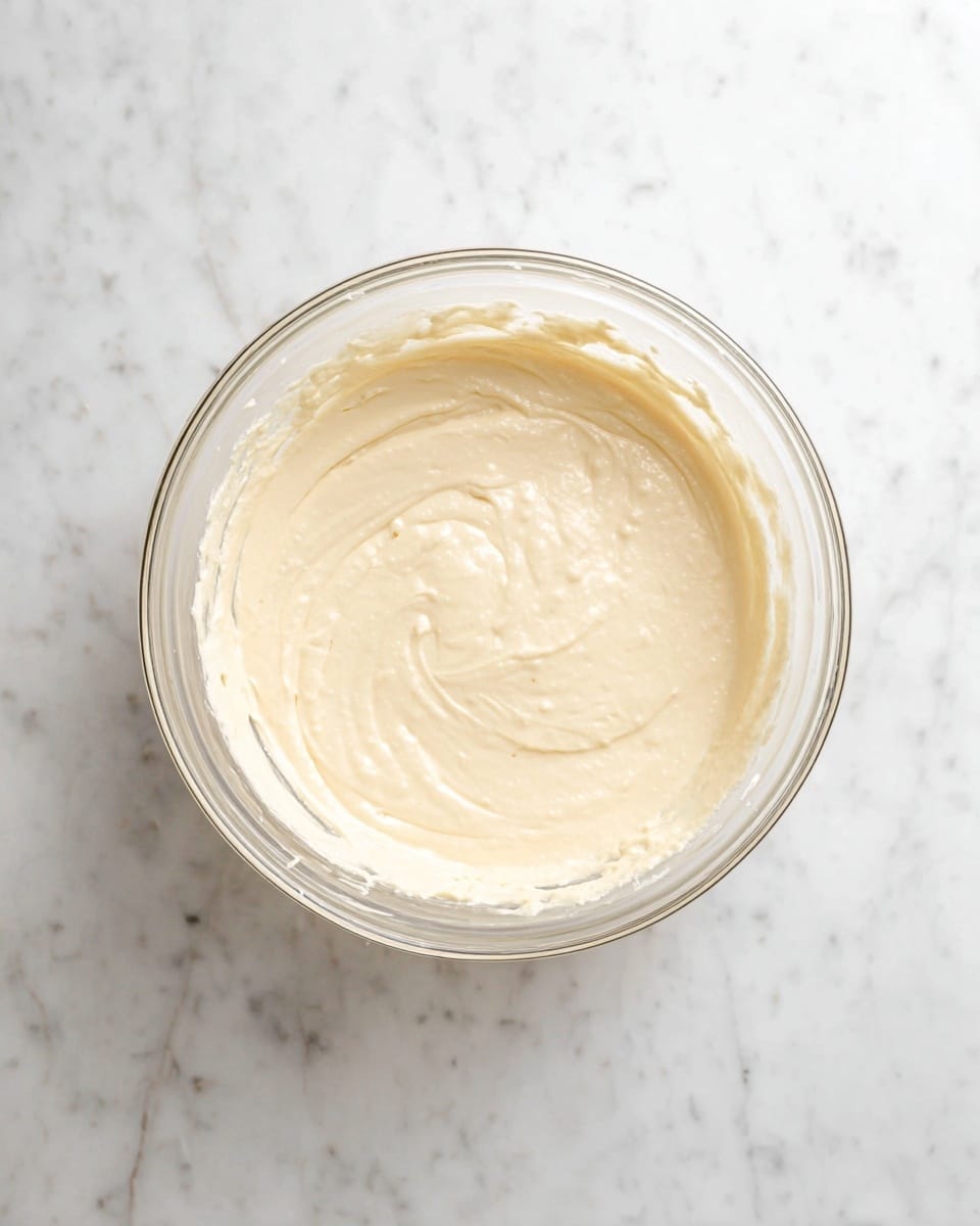 A clear glass bowl filled with smooth, light beige batter sits on a white marbled surface. The batter's texture is creamy and slightly thick, covering most of the bowl's bottom and sides evenly, with small swirls visible on the surface. The bowl is round and transparent, allowing full view of the batter inside. photo taken with an iphone --ar 4:5 --v 7