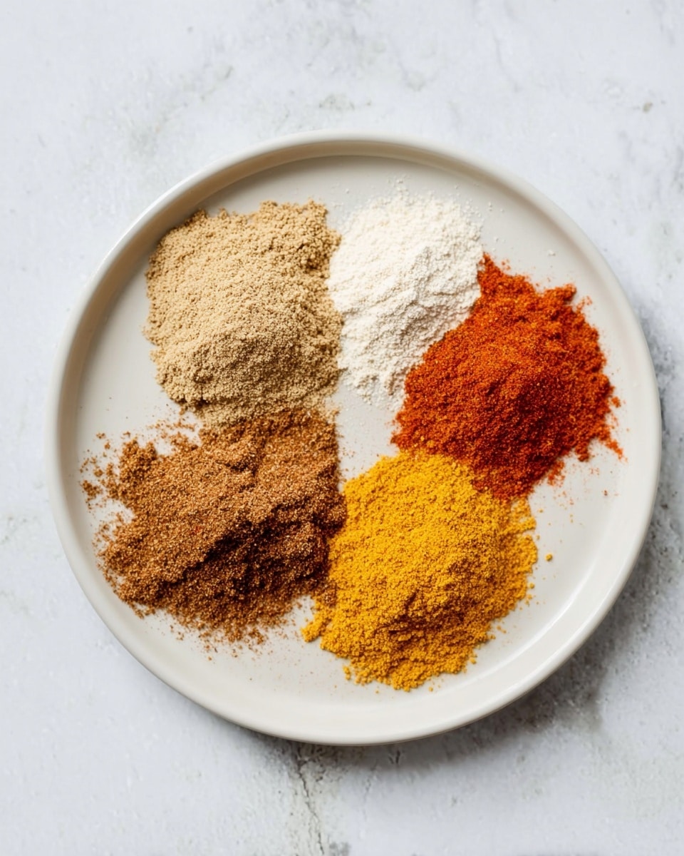 A round white plate contains five piles of different spices. Starting from the top left and moving clockwise, the first pile is a light brown color with a slightly coarse texture. The second pile, at the top right, is off-white and fine. Next, a bright reddish-orange pile of spice with a smooth but slightly powdery texture. Below this is a pile of bright yellow spice with a fine texture. The last pile, at bottom left, is a darker brown and has a coarse texture like the first. The plate is set on a white marbled surface. Photo taken with an iphone --ar 4:5 --v 7