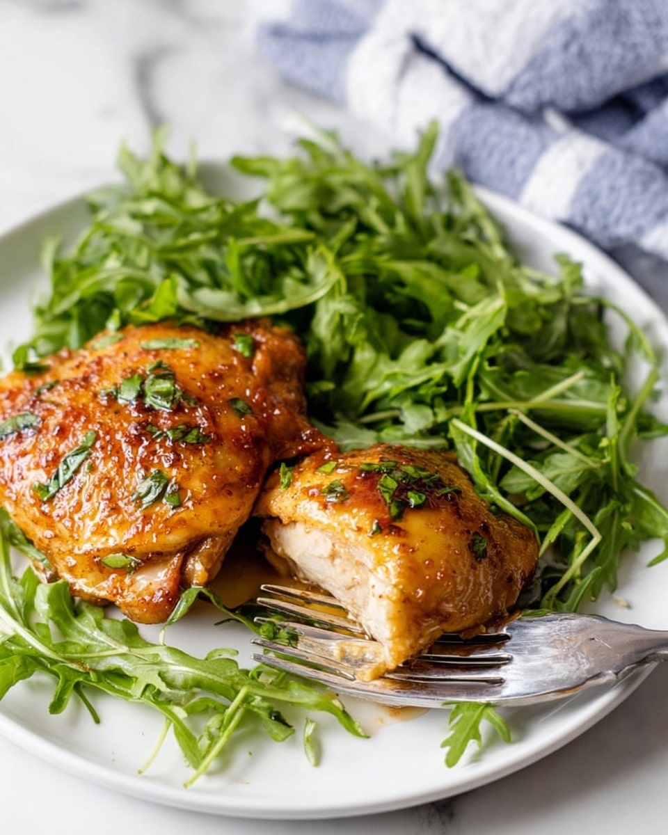 A white plate holds two pieces of cooked chicken thighs, golden brown with a shiny glaze and small green herb sprinkles on top. One piece is whole, and the other is pierced with a silver fork, showing a light beige inside. Around the chicken, there is a pile of fresh green arugula leaves with thin stems. The plate is set on a white marbled surface with a blurred blue and white cloth in the background. Photo taken with an iphone --ar 4:5 --v 7