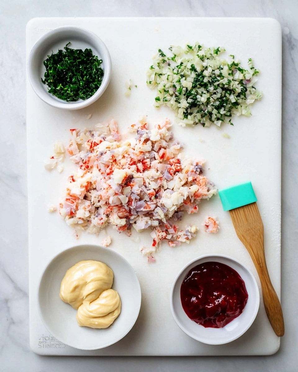 A white cutting board on a white marbled surface holds four groups of ingredients arranged neatly. In the center, there is a pile of finely chopped pale pink and white pieces with hints of red. To the right, a pile of small, light green and dark green chopped pieces is placed. At the top left corner of the cutting board, some finely chopped dark green pieces are inside a small white bowl. Near the bottom right, a white bowl contains two dollops side by side; one is smooth, thick, pale yellow and the other is a smooth, thick deep red, with a wooden spatula that has a turquoise silicone head resting inside. photo taken with an iphone --ar 4:5 --v 7