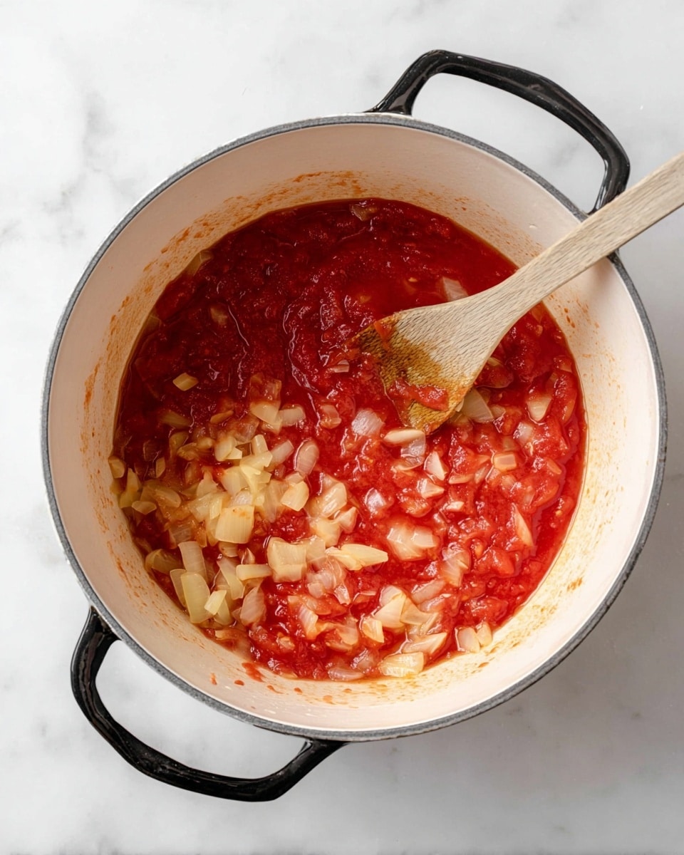 A white large pot with black handles holds a mix of diced pale yellow onions and bright red tomato sauce at the bottom. A wooden spoon with some sauce and onions on it rests inside the pot on the right side. The pot is placed on a white marbled surface. The colors inside the pot show the soft texture of the cooked onions blending into the thick tomato base, creating a warm, rustic look. photo taken with an iphone --ar 4:5 --v 7