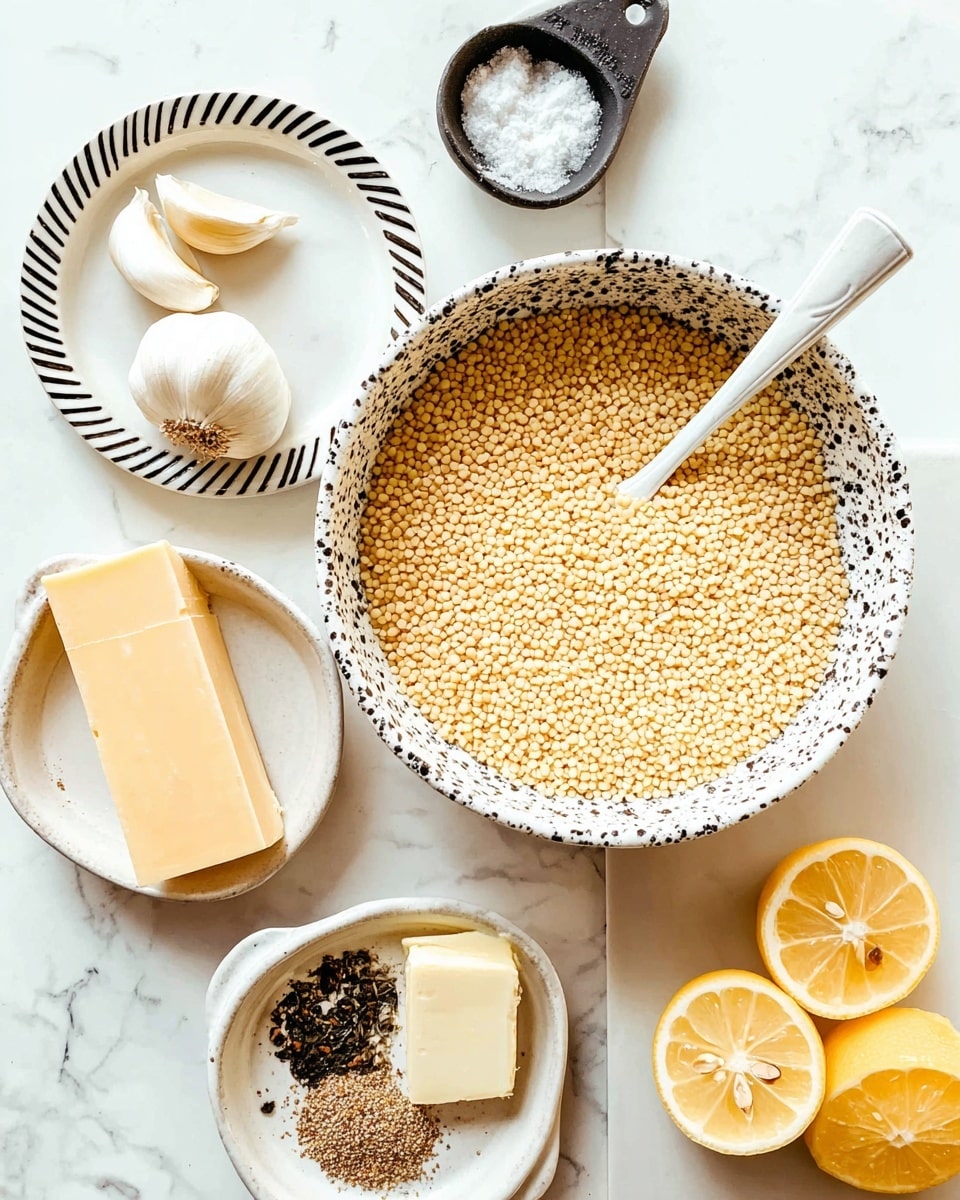 A white bowl with black speckles filled with small, round, pale yellow grains sits in the middle, with a white spoon resting inside it on the right side. Surrounding it are several small white dishes with black speckles: one with two peeled garlic cloves, one with a rectangular stick of butter, one with black pepper and ground spices, and one with a large piece of yellow cheese. There is also a small black spoon filled with coarse salt at the top and a white plate with a black zigzag pattern holding two lemon halves at the bottom. The background is a white marbled surface. Photo taken with an iphone --ar 4:5 --v 7