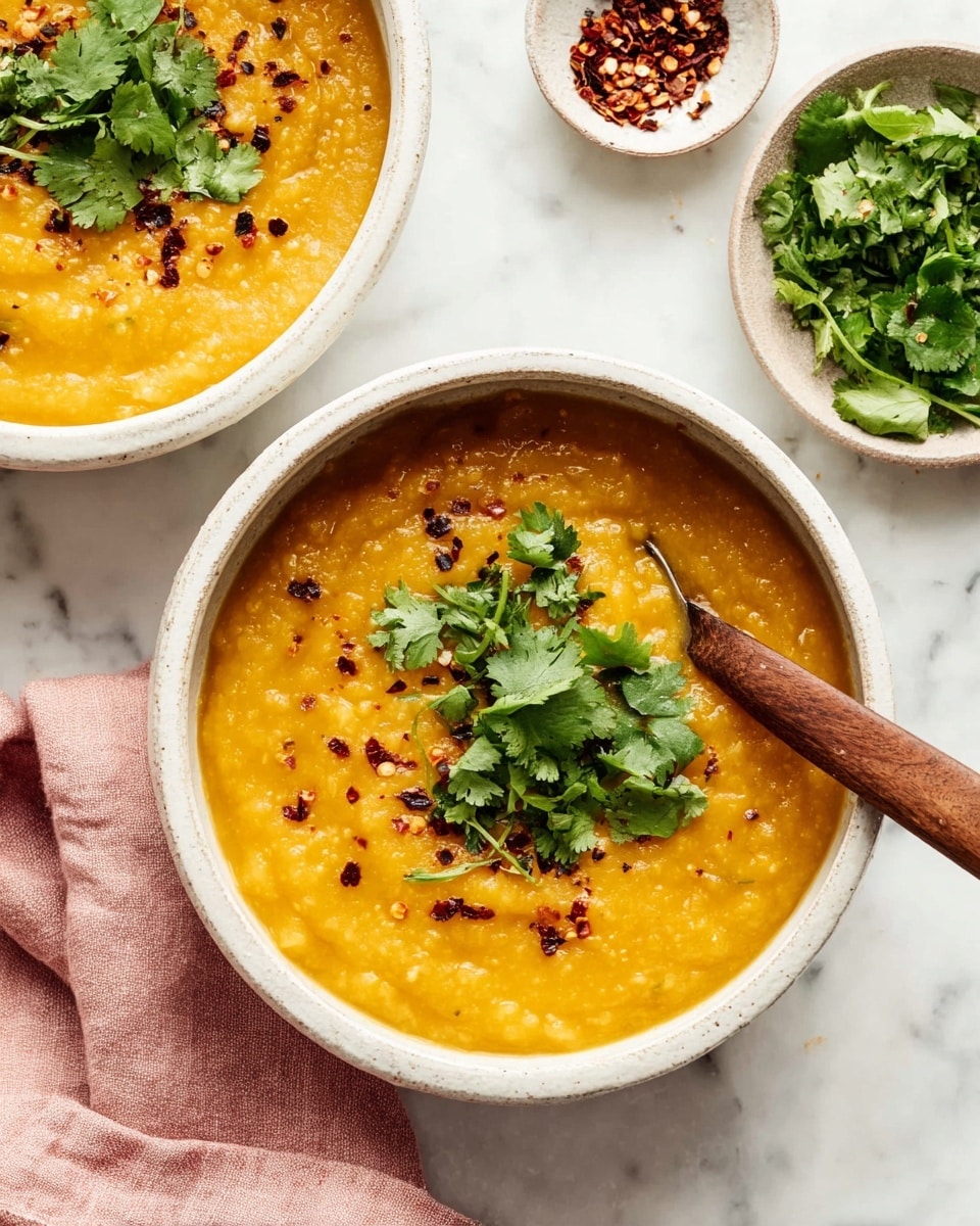 The image shows two bowls filled with a thick, orange-yellow soup that has a slightly chunky texture. Each bowl has a wooden spoon resting inside, partially submerged in the soup. The soup is topped with small red chili flakes scattered across the surface and a small bunch of fresh green cilantro leaves placed in the center for garnish. The bowls are white with a simple rustic design, and the background features a white marbled surface. Nearby, there's a smaller white bowl filled with extra cilantro leaves, and another small bowl holds more red chili flakes. A pink cloth napkin is placed to the side of the main bowl. photo taken with an iphone --ar 4:5 --v 7