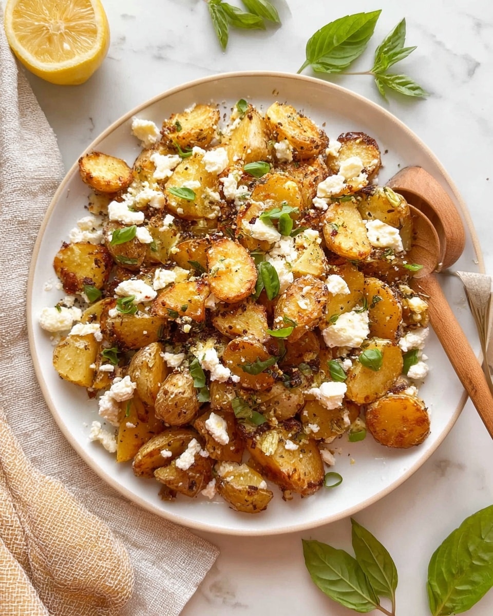 A white plate filled with three layers of golden brown roasted potato pieces with a crispy texture. The potatoes are mixed with soft white crumbled cheese scattered evenly on top and between the pieces. Thin green basil strips are sprinkled over the whole dish adding a fresh touch. The plate is set on a white marbled surface with a light beige textured cloth beneath it. There is a lemon wedge, a wooden spoon, and some basil leaves around the plate, giving a fresh and natural look. photo taken with an iphone --ar 4:5 --v 7