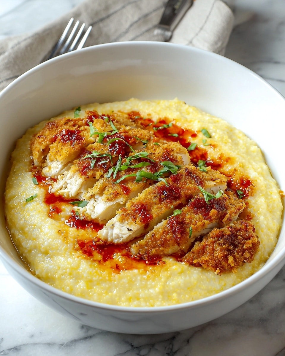 A white bowl holds a bed of creamy, yellow grits with a soft, slightly lumpy texture spreading evenly at the bottom. On top of the grits, a sliced piece of golden brown, crispy fried chicken is laid out in a neat row, showing its crunchy texture with small reddish spots of sauce scattered across, and garnished with small green herb pieces. The dish sits on a white marbled surface with a silver fork placed nearby. photo taken with an iphone --ar 4:5 --v 7