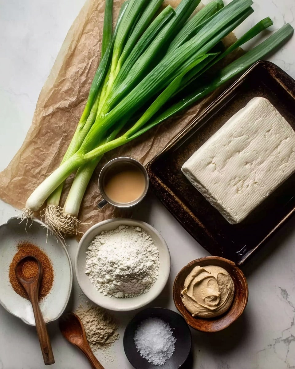 The image shows a group of cooking ingredients on a white marbled surface: a bunch of fresh green onions with long green stalks and white bulbs lying across the center, a rectangular block of tofu with a smooth off-white surface resting in a dark baking pan on the top right, a small metal cup filled with light brown liquid near the tofu, a wooden bowl containing a dollop of pale brown paste, a small white bowl with white flour, a white rectangular dish with brown powder and a wooden spoon, and a small black dish with coarse salt; all arranged neatly with natural lighting. photo taken with an iphone --ar 4:5 --v 7