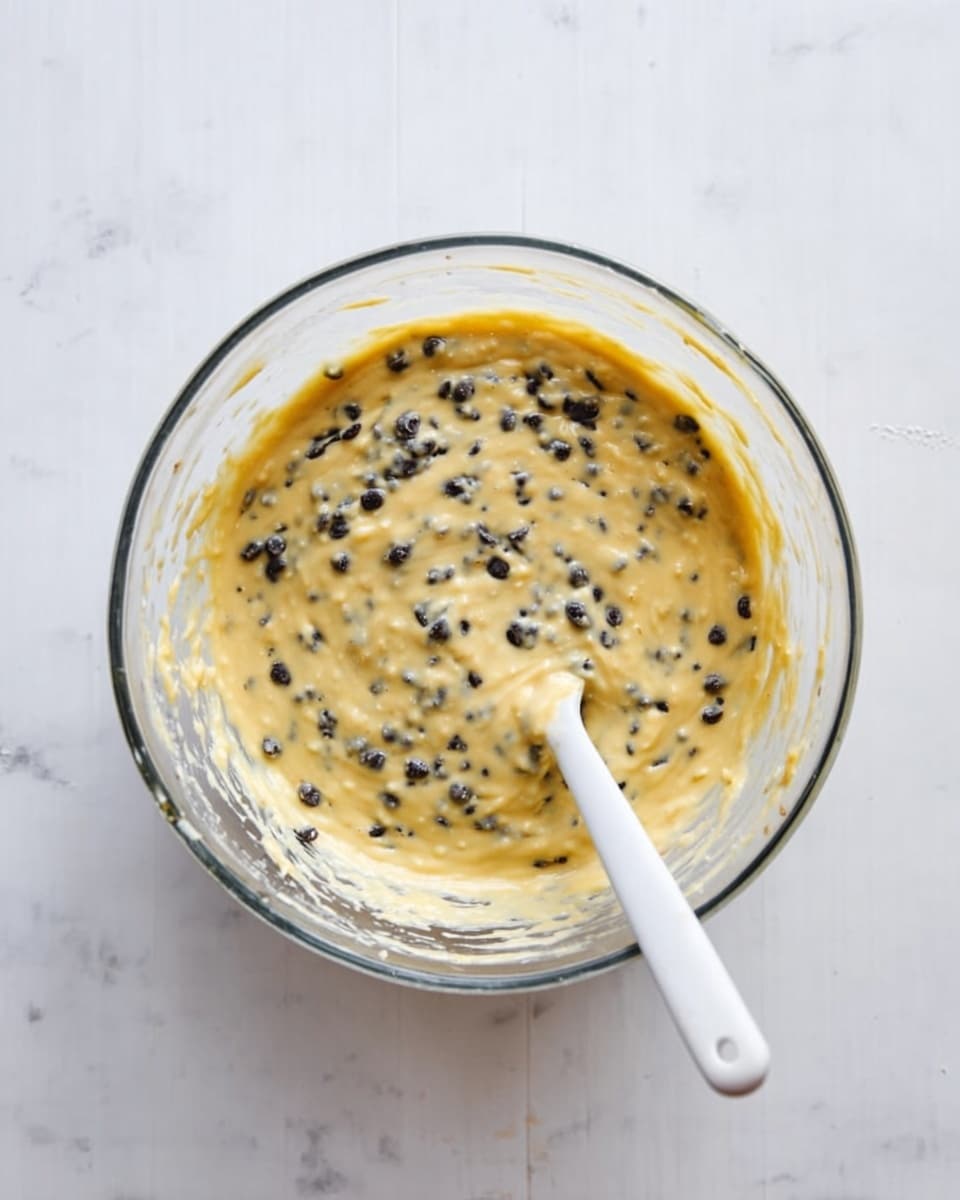 A clear glass mixing bowl sits on a white marbled surface, filled with a light yellow batter mixed with small black chocolate chips evenly spread throughout. A white spoon with a smooth handle is placed inside the bowl, partially resting in the batter. The bowl’s clear glass texture shows some batter smeared along the inner sides. photo taken with an iphone --ar 4:5 --v 7