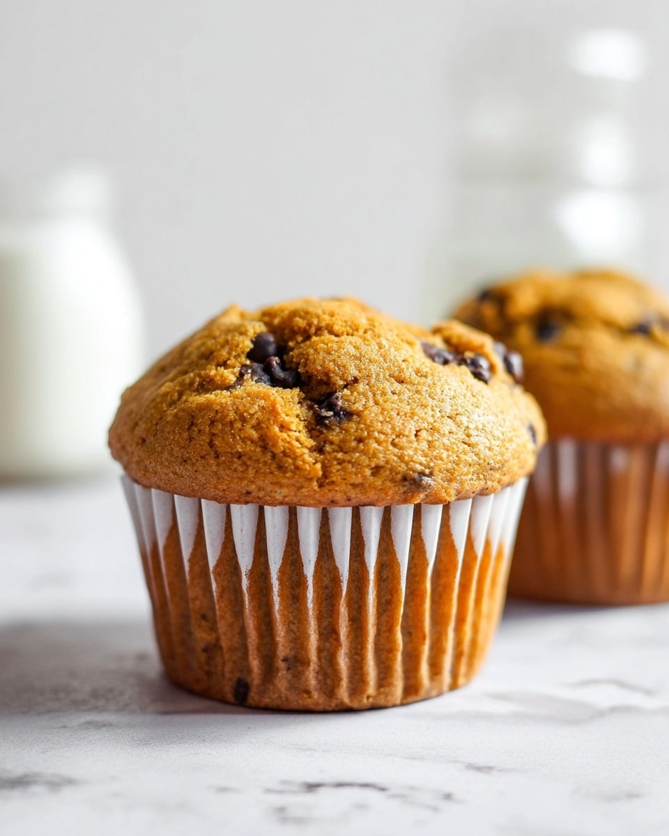 The image shows a close-up of a golden-brown muffin with small dark chocolate chips inside, sitting on a white marbled surface. The muffin has a textured top with a few cracks and a slightly puffed shape. It is in a white paper liner with vertical ridges. In the blurry background, there is a glass jar and a part of another similar muffin on the right side. The overall lighting is soft and natural, highlighting the muffin's texture and warm color. photo taken with an iphone --ar 4:5 --v 7