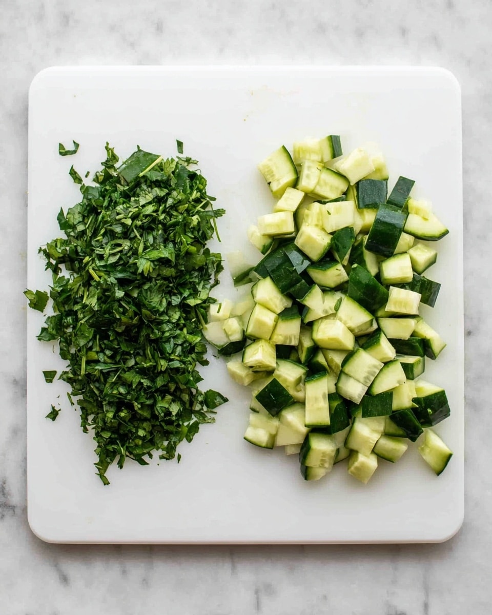 The image shows a white cutting board on a white marbled surface. On the left side of the board, there is a pile of finely chopped green herbs with a soft, leafy texture. On the right side, there are chopped cucumber pieces, cut into small chunks with a mix of dark green skin and pale green inside, creating a fresh and crisp look. The arrangement is clean and organized with the two sets of ingredients neatly separated. Photo taken with an iphone --ar 4:5 --v 7