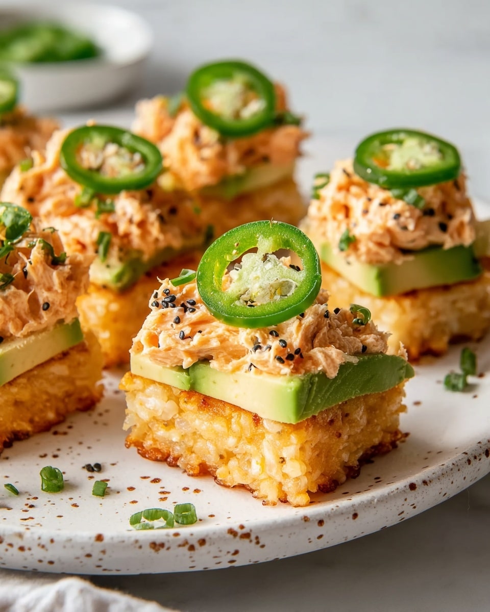 The image shows small square crispy golden brown rice cakes as the base layer, topped with thin green slices of avocado. On top of the avocado is a creamy orange mixture with small chunks, sprinkled with small black and white seeds and finely chopped green herbs. Each stack is topped with a thin, round green slice of jalapeño pepper. The snacks are arranged on a white plate with small brown speckles, placed on a white marbled textured surface. Photo taken with an iphone --ar 4:5 --v 7