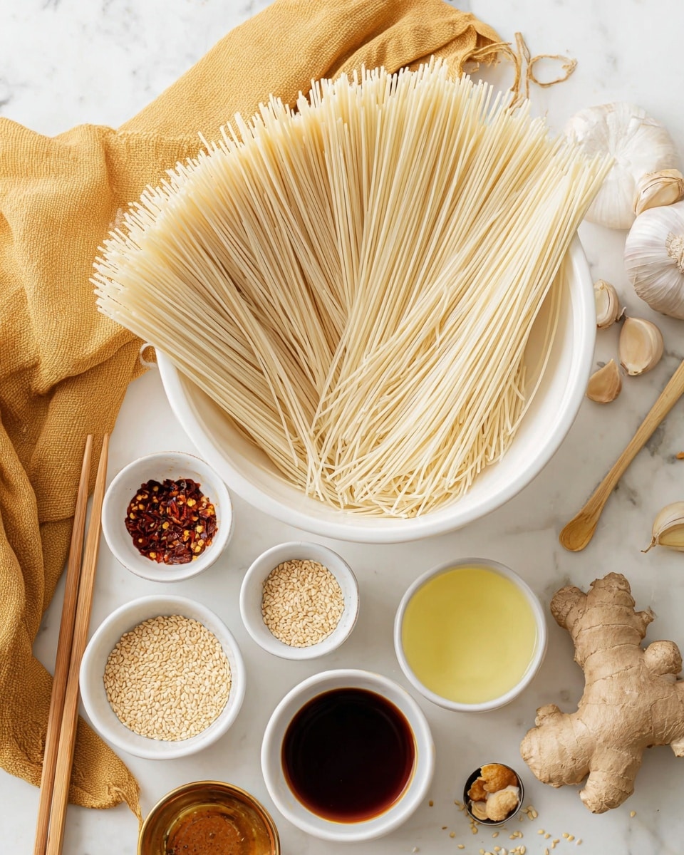 The image shows a large white bowl filled with thin, uncooked noodles laid across the top, slightly fanned out. Surrounding the bowl on a white marbled surface are small white bowls holding different ingredients: light brown sesame seeds, reddish chili flakes, a dark brown sauce with a spoon, a golden brown peanut or sesame paste, a light yellow liquid, and a darker amber liquid. A bunch of whole garlic bulbs and cloves are placed near the top, along with fresh ginger root near the bottom right. Wooden chopsticks rest beside the bowl, and a mustard-yellow cloth is draped on the left side. photo taken with an iphone --ar 4:5 --v 7