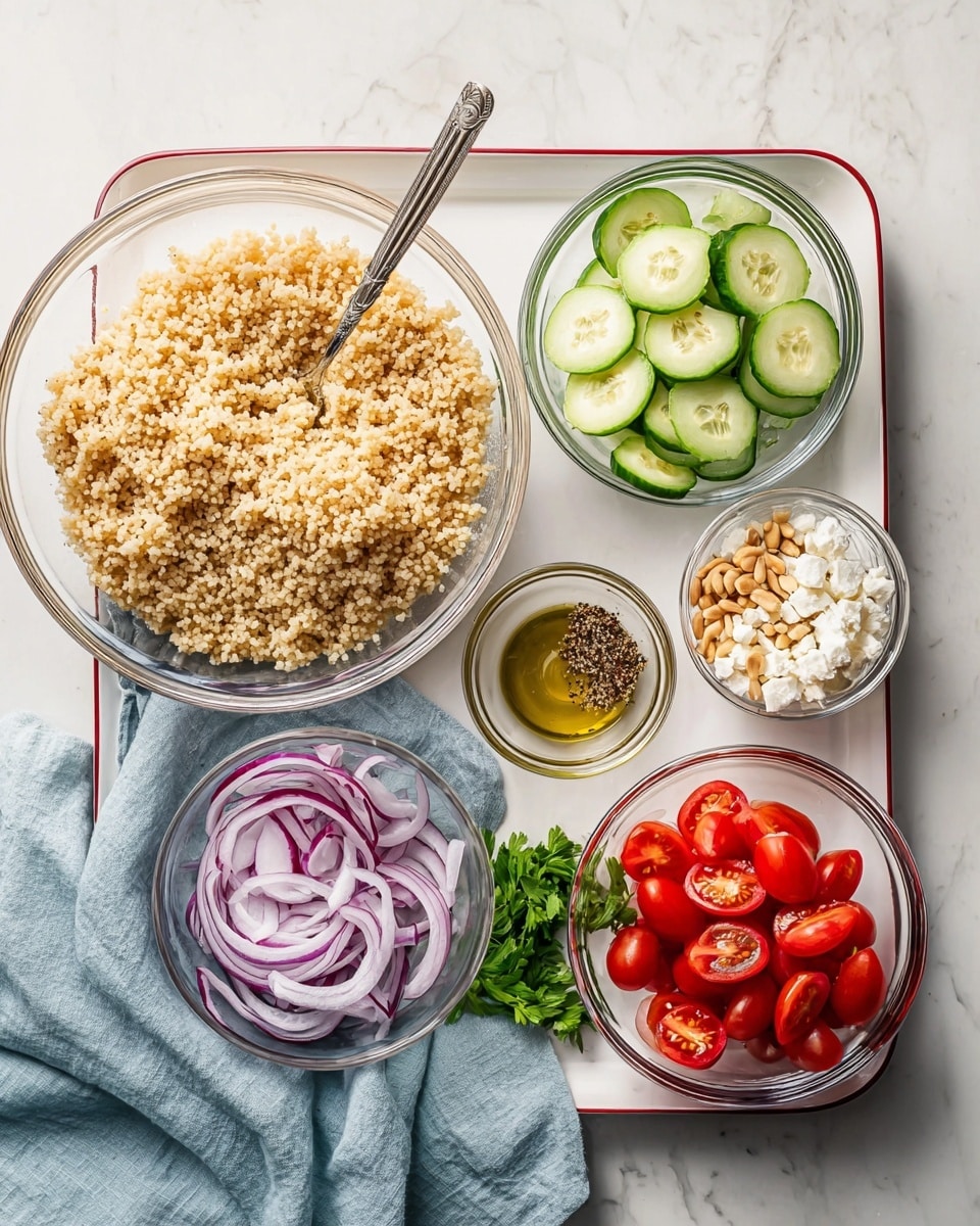 The image shows six glass bowls arranged on a white tray with a thin red edge, placed on a white marbled surface. The largest bowl on the left holds cooked round couscous with a light golden-brown color and a metal spoon inside it. The top row on the tray includes a bowl of sliced cucumber with light green skin and pale green flesh, and a small bowl with a mixture of olive oil and black pepper, both clear and shiny. The bottom row has a bowl filled with thinly sliced red onions with a mix of purple and white rings, a bowl of halved bright red grape tomatoes, and a small bowl containing white crumbled cheese topped with light brown pine nuts. A small bunch of green parsley is placed on the tray near the onion bowl. A light blue cloth lies under the couscous bowl on the marbled surface. Photo taken with an iphone --ar 4:5 --v 7