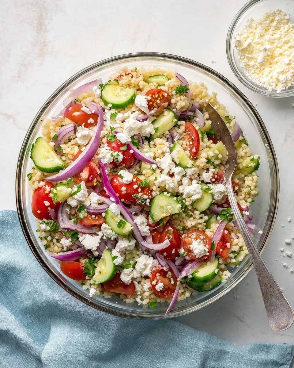 The image shows a clear glass bowl filled with a colorful couscous salad placed on a white marbled surface with a light blue cloth under part of it. The salad has four main layers: the base is light beige couscous pearls, the next layer is bright green cucumber slices scattered throughout, then there are halved red cherry tomatoes and thin curved strips of purple onion resting on top. White crumbled cheese is sprinkled unevenly over the salad along with small pieces of green parsley leaves. A silver spoon is inside the bowl on the right side, with some salad on it. A small clear bowl with grated white cheese is in the upper right corner. Photo taken with an iphone --ar 4:5 --v 7