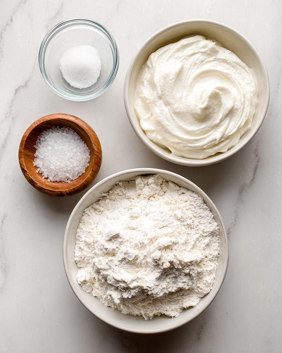 The image shows four bowls arranged on a white marbled surface. The largest bowl, positioned bottom center, is filled with fine, white flour with some clumps visible, giving it a soft, powdery texture. To the right, slightly above, there is a similar white bowl full of thick, smooth white cream with swirls and peaks. At the top left, a small clear glass bowl contains a small amount of fine white powder, likely baking powder or baking soda. Next to it and below, towards the left center, a small wooden bowl holds coarse white salt crystals. The bowls and contents are neatly arranged in a minimalistic style, with a clean and bright background. Photo taken with an iphone --ar 4:5 --v 7