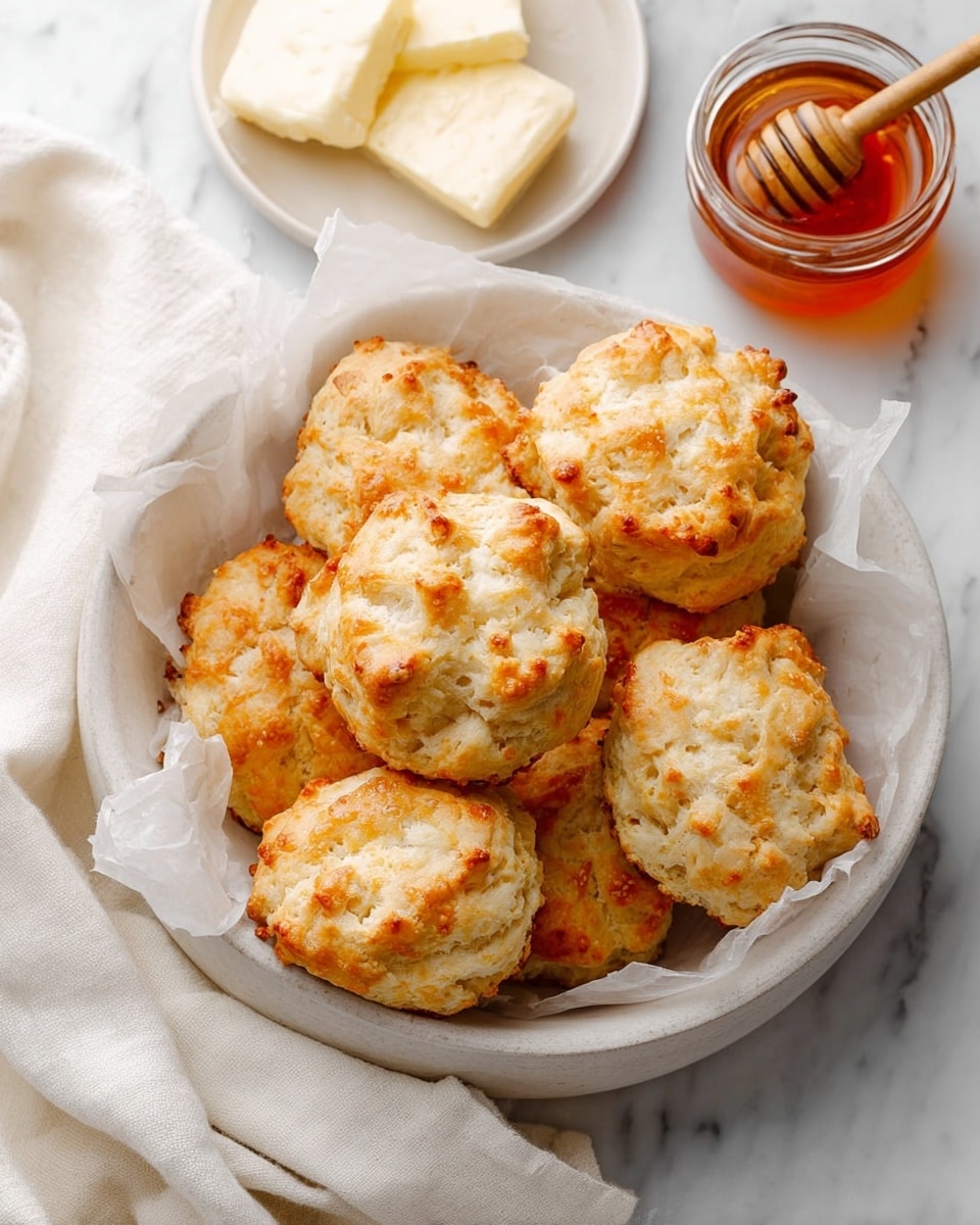 A white bowl lined with white parchment paper holds seven irregularly shaped golden brown biscuits with a slightly rough, crumbly texture. The biscuits are stacked close together, showing light toasted patches on top and sides. Nearby, there is a jar of honey with a wooden dipper inside and a white plate holding two butter sticks, all set on a white marbled surface. Soft white cloth is draped at the bottom left corner of the frame. photo taken with an iphone --ar 4:5 --v 7