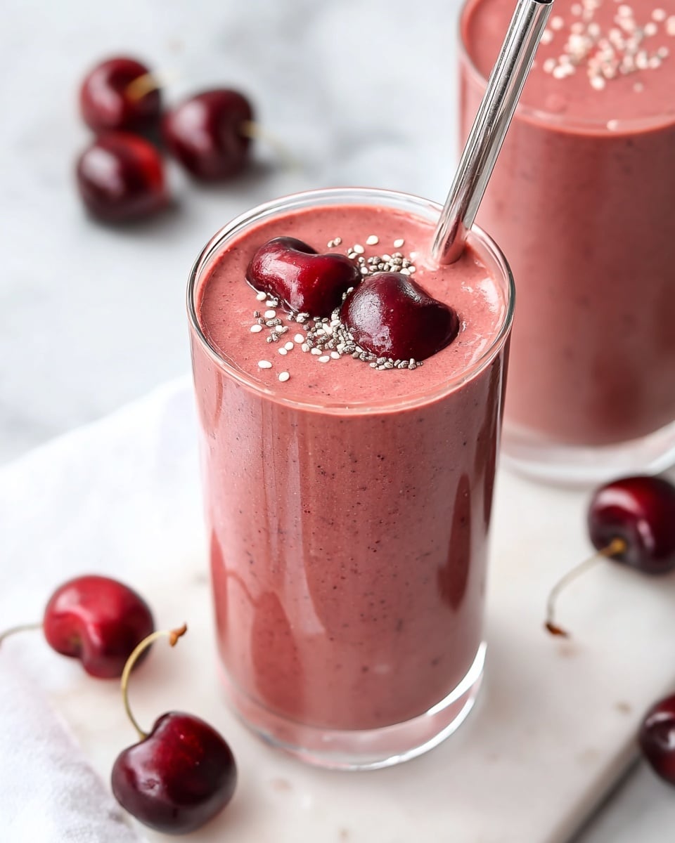 A tall clear glass filled with a smooth, thick pinkish-red smoothie topped with three halved dark red cherries and sprinkled with small white chia seeds, a shiny silver metal straw placed inside the glass, around the glass are whole dark red cherries scattered on a white marbled surface, with another similar smoothie glass slightly blurred in the background, photo taken with an iphone --ar 4:5 --v 7
