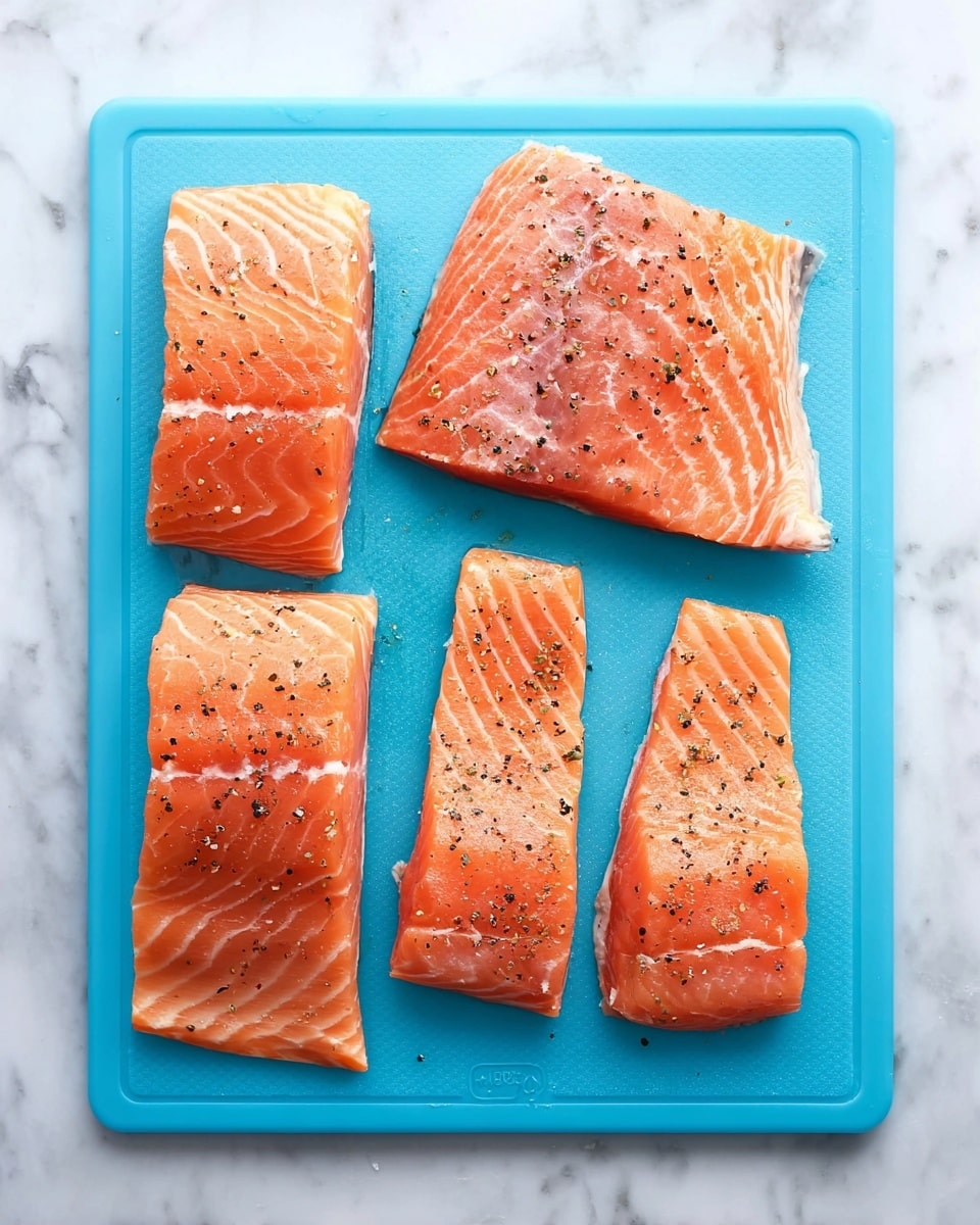 The image shows a blue cutting board placed on a white marbled surface with five pieces of raw salmon arranged on it. On the left side, there are two long, thick salmon pieces with a light orange color and noticeable fresh white fat lines, sprinkled with black pepper. On the right side, there are three wider salmon pieces, similarly seasoned with black pepper, featuring a smooth, slightly shiny texture with visible pattern lines of fat. The whole scene is brightly lit, showing the fresh quality of the salmon photo taken with an iphone --ar 4:5 --v 7