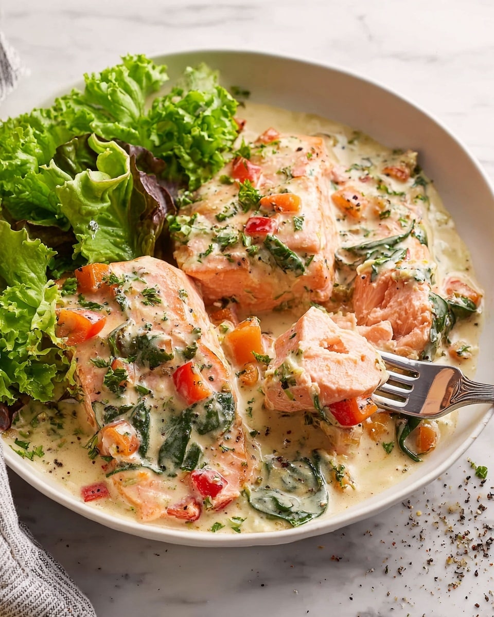 A white shallow bowl holds two pieces of pink cooked salmon partly covered by a light cream sauce with green herbs and black pepper, mixed with diced red and orange bell peppers and chopped spinach. The salmon is juicy and flaky, one piece being lifted by a fork showing its soft texture. On one side, there is a small pile of curly green fresh lettuce leaves adding contrast. The bowl sits on a white marbled surface with some crumbs and pepper scattered around. photo taken with an iphone --ar 4:5 --v 7