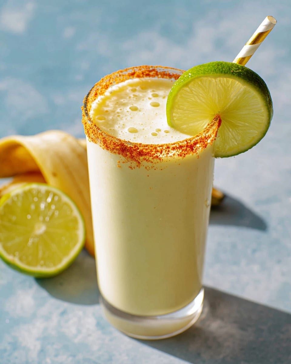 A tall clear glass filled with a creamy pale yellow smoothie, topped with small bubbles on the surface. The rim of the glass is coated with a rough, bright orange layer of spice or seasoning. A thin slice of lime, showing its green edge and light yellow inside, is placed on the rim of the glass. A white paper straw with gold stripes is inside the glass on the right side. The background shows a peeled banana and a lemon wedge on a white marbled texture surface. Photo taken with an iphone --ar 4:5 --v 7