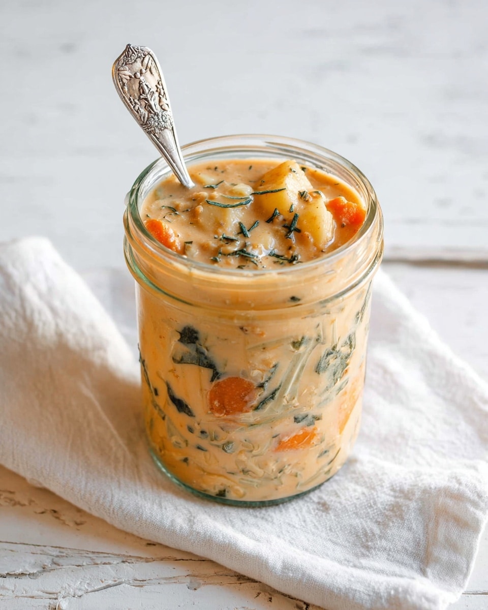 A clear glass jar filled with thick, creamy soup showing layers of chunky orange carrots, light yellow potatoes, and green leafy strips mixed in a smooth, beige broth with small herb sprinkles on top. A vintage silver spoon with floral details is placed inside the jar, which is resting on a folded white cloth on a white marbled textured surface. Photo taken with an iphone --ar 4:5 --v 7