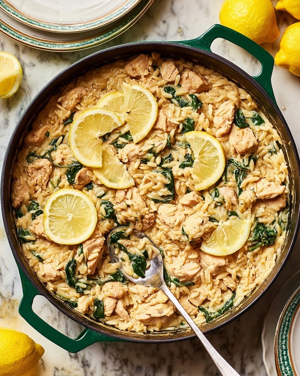 The image shows a green cast iron pan filled with a creamy dish made of small, soft grains that look like orzo, mixed with chunks of light brown cooked chicken and fresh dark green spinach leaves. On top, there are thin round slices of pale yellow lemon, some partially covered by the creamy orzo mixture. A metal spoon lies in the pan, partially scooping some of the dish from the bottom left side. The pan is placed on a white marbled surface with a few yellow lemons and white plates around it. photo taken with an iphone --ar 4:5 --v 7