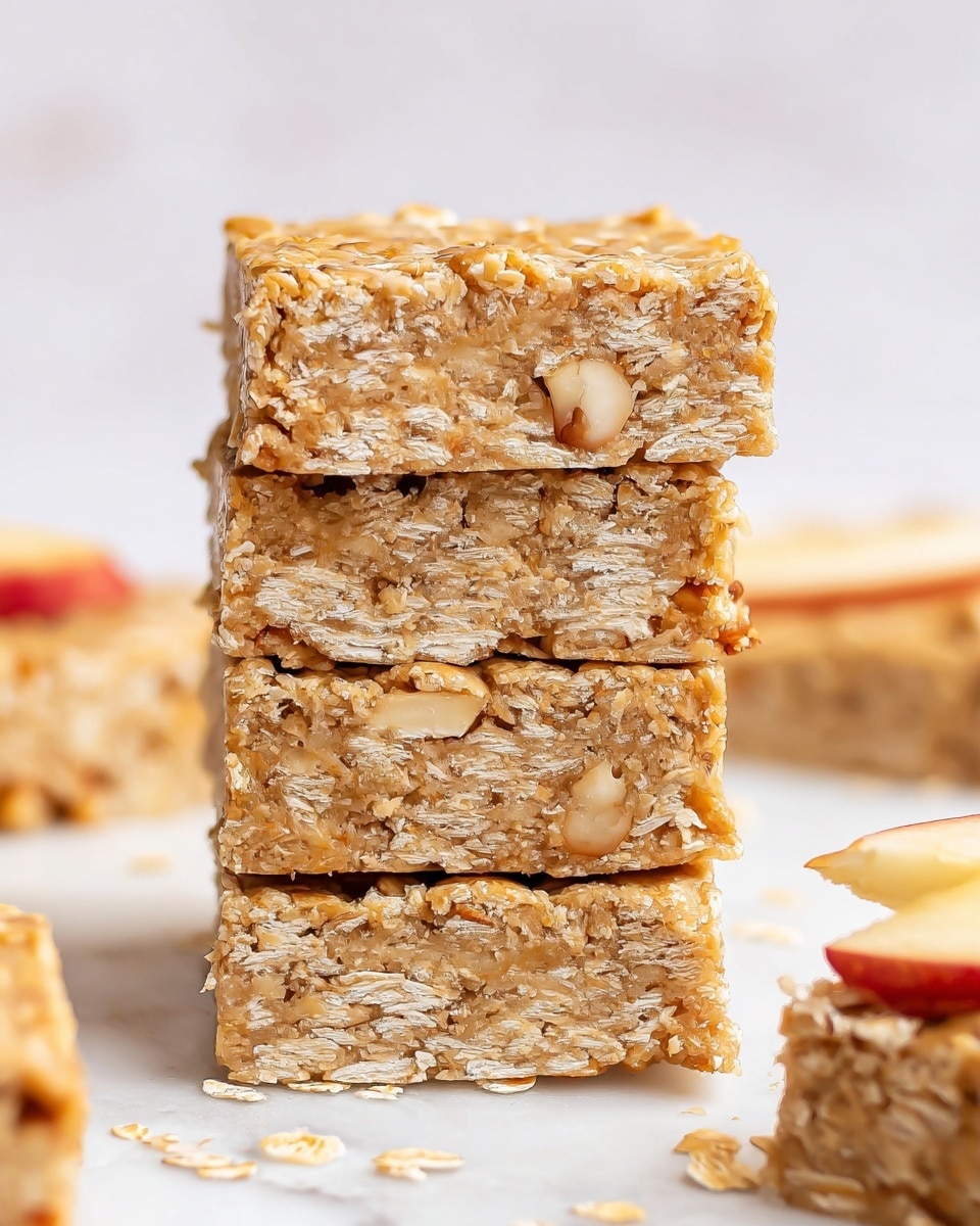 The image shows a stack of four oat bars placed vertically on a white marbled surface. Each oat bar has a dense texture with visible oats and small pieces of nuts or fruit embedded inside, giving a light golden brown color with some creamy white bits. The bars are rectangular and appear soft but firm, with slightly rough edges. In the background, there are more oat bars, including one with a slice of reddish apple on top, adding a pop of color. Scattered oat flakes can be seen around the bars, enhancing the natural look. The photo taken with an iphone --ar 4:5 --v 7