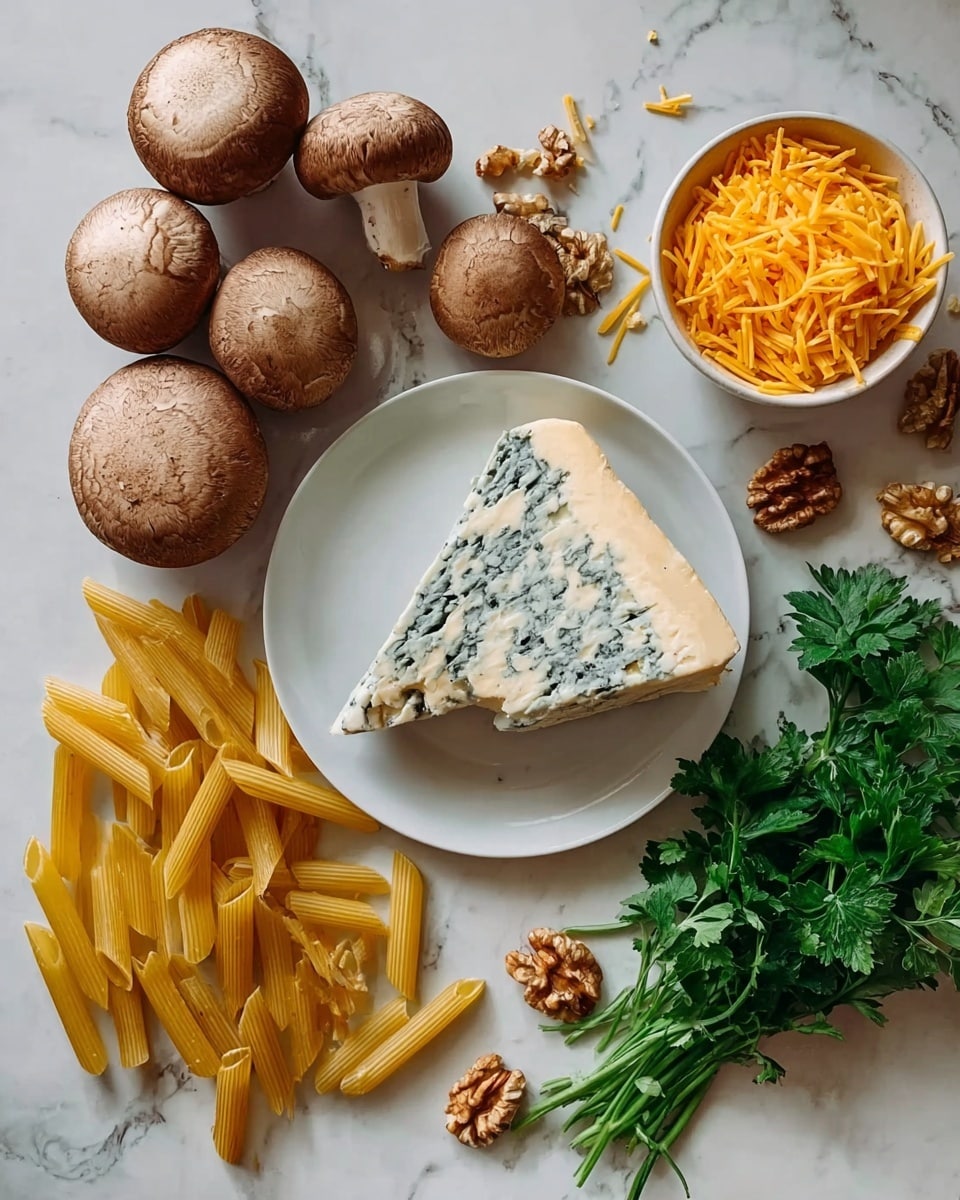 In the image, a white plate sits on a white marbled surface. On the plate is a wedge of blue cheese with a creamy white base and blue-green veins swirling through it. Surrounding the plate are several whole brown mushrooms with smooth caps, arranged in a loose circle on the left side. Below the plate is a small pile of uncooked yellow penne pasta, with its cylindrical shape and ridged texture visible. To the right of the plate, a small white bowl holds shredded bright orange cheese with a fine texture. Next to the bowl is a bunch of fresh green parsley with leafy stems, and some broken walnut pieces scattered nearby. A woman's hand slightly holds the parsley on the right side. The scene is styled simply with natural light. photo taken with an iphone --ar 4:5 --v 7
