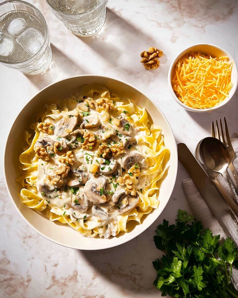 A white bowl filled with creamy mushroom pasta shows three main layers: the bottom layer is light yellow flat noodles, the middle layer is smooth white cream sauce covering the pasta, and the top layer includes sliced brown mushrooms, small pieces of walnut, and green chopped herbs scattered across. To the upper right, a small white bowl holds finely shredded light orange cheese. Two clear glasses with ice cubes sit to the upper left. Fresh green parsley lies near a silver fork and spoon at the lower right. Everything rests on a white marbled surface with natural lighting casting soft shadows. Photo taken with an iphone --ar 4:5 --v 7