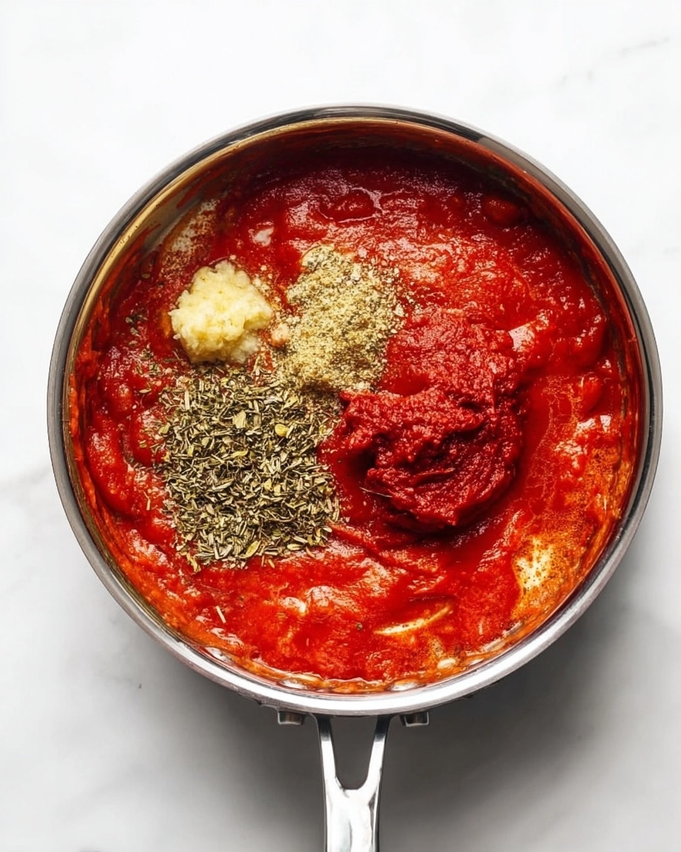 A silver metal pan is filled with layers of cooking ingredients: a thick bright red tomato sauce covering most of the pan base, topped by a dollop of deeper red tomato paste on the right side, two small clumps of grated garlic or ginger near the top left, and a pile of dried greenish herbs placed between the garlic and paste. The pan sits on a white marbled surface. photo taken with an iphone --ar 4:5 --v 7
