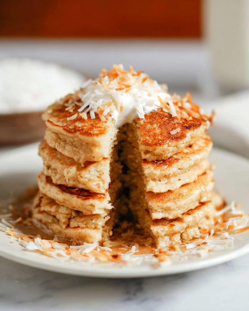 A stack of six fluffy golden-brown pancakes sits on a white plate placed on a white marbled surface. The pancakes have a soft and thick texture, with a rough split in the middle showing their tender inside. The top pancake is sprinkled with light brown toasted flakes and has a dollop of white cream melting slightly on top. Small crumbs and flakes scatter around the base of the stack, adding a natural, casual look. In the blurred background, a small bowl with white contents is visible. photo taken with an iphone --ar 4:5 --v 7