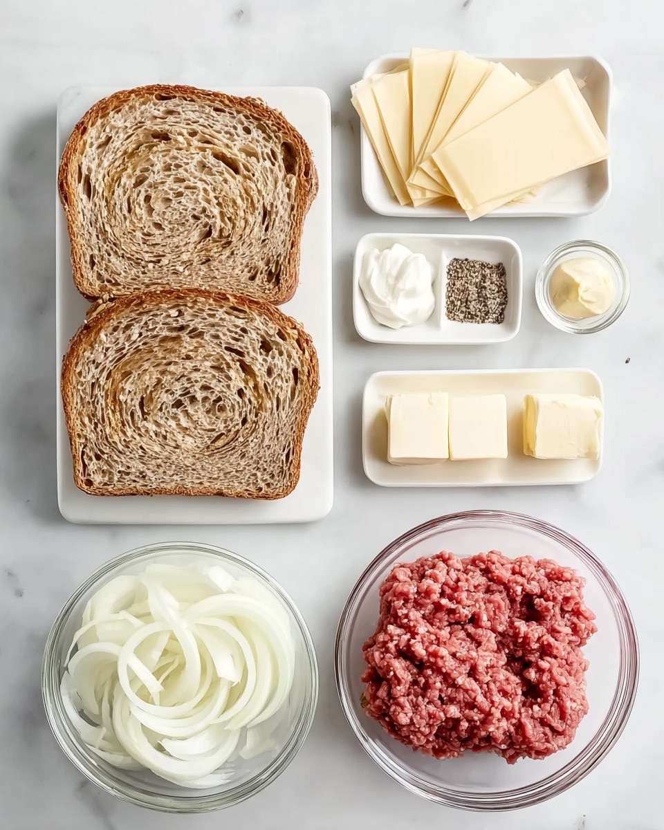 The image shows ingredients for a meal arranged on a white marbled surface. In the center, there are two slices of toasted multigrain bread with visible swirls and a light brown crust. Above the bread, there are four small white dishes: one with several slices of pale yellow cheese, one with a dollop of white sauce or mayonnaise, one with cubes of butter, and one with a mix of salt and black pepper. Below the bread, there are two clear glass bowls, one filled with thinly sliced white onions and the other with raw ground beef, bright red in color and slightly textured. All items are placed neatly and evenly spaced. photo taken with an iphone --ar 4:5 --v 7