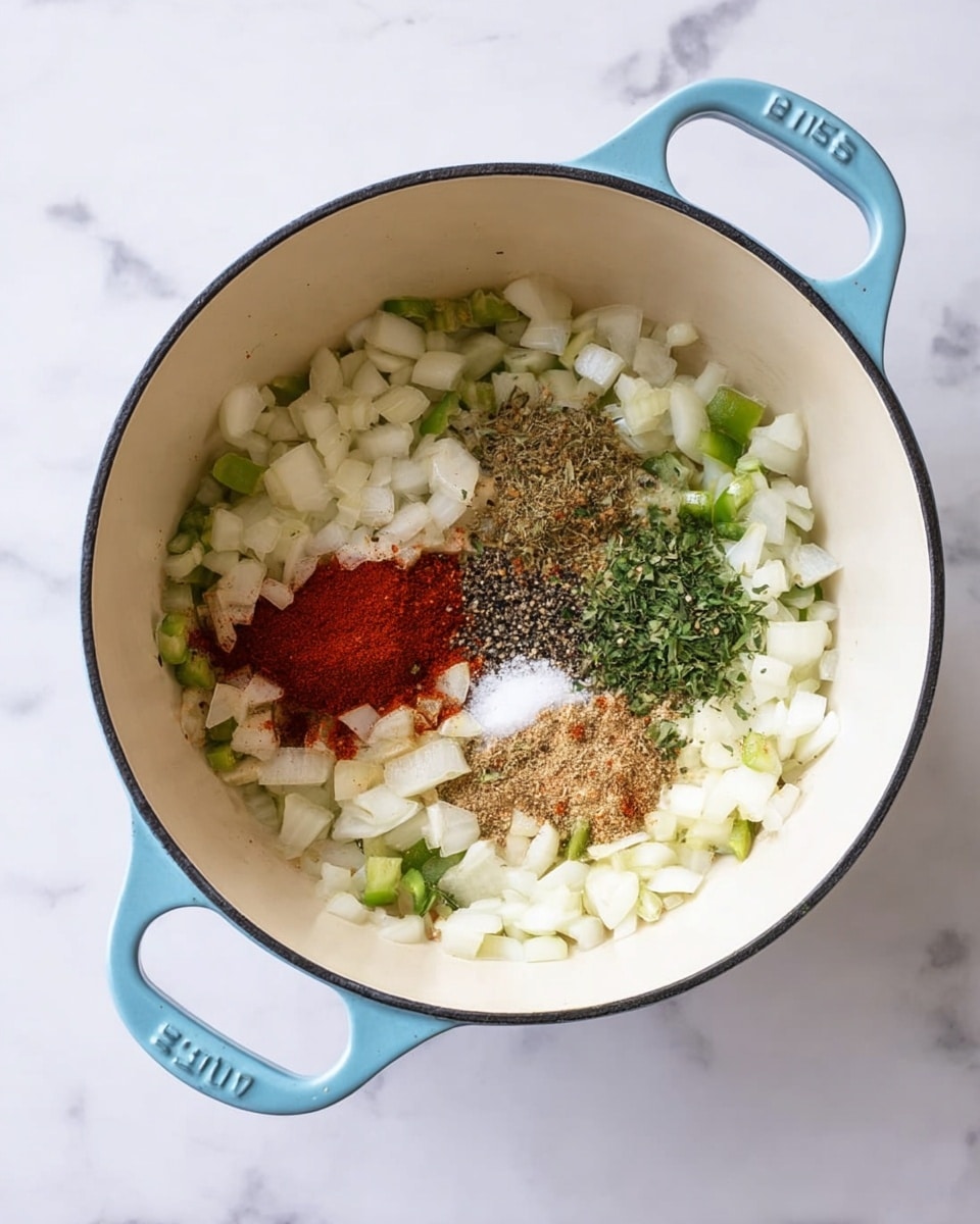 A light blue pot with white inside holds chopped white onions and green peppers spread out on the bottom layer, with multiple spices arranged in separate small piles on top of the onions and peppers: red paprika on the right, brownish ground cumin on the bottom, green dried herbs just above the cumin, black pepper and white salt near the center. The pot is placed on a white marbled surface. Photo taken with an iphone --ar 4:5 --v 7