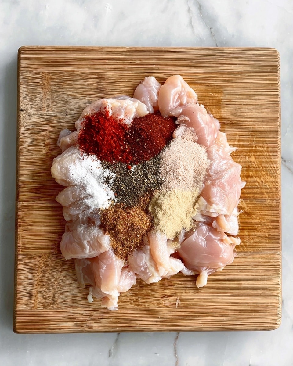 Raw pieces of light pink chicken are spread out in the center of a square wooden cutting board. On top of the chicken, several colorful powdered spices are layered, including red, white, black, brown, and beige powders, creating a multi-colored patch in the middle. The wooden board sits on a white marbled surface. photo taken with an iphone --ar 4:5 --v 7