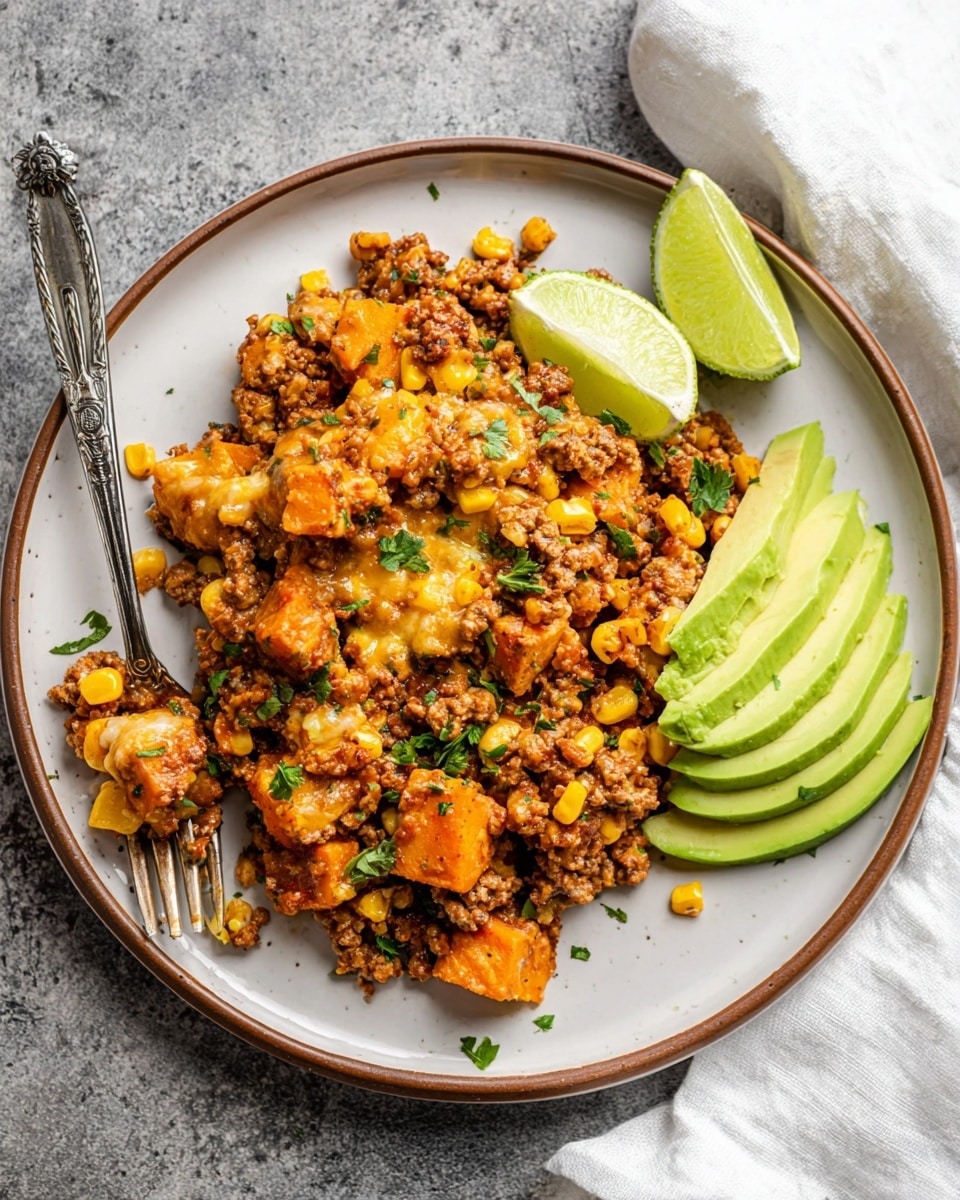 A white plate with a thin brown rim holds a dish made of ground meat mixed with bright orange chunks of sweet potato, yellow corn kernels, and melted cheese woven through the mix. The food is a mix of brown, orange, and yellow colors with hints of green from chopped herbs sprinkled on top. On the right side of the plate, there are three pale green slices of avocado, fanned out. Two lime wedges with bright green skin and juicy light green flesh sit at the top edge of the plate. A vintage silver fork rests on the left side of the plate, its tines touching some of the food. The plate sits on a gray stone surface with a white cloth napkin slightly visible at the upper right. photo taken with an iphone --ar 4:5 --v 7
