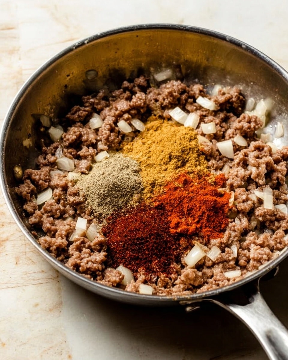 A stainless steel pan full of browned minced meat mixed with small white onion pieces covers the entire inside surface with a slightly uneven texture. On top of the meat, there are three separate piles of ground spices in the center of the pan, consisting of a mustard-yellow powder and two reddish-brown powders. The pan is sitting on a white marbled surface with a soft natural light illuminating the scene, showing the slightly shiny texture of the cooked meat. Photo taken with an iphone --ar 4:5 --v 7