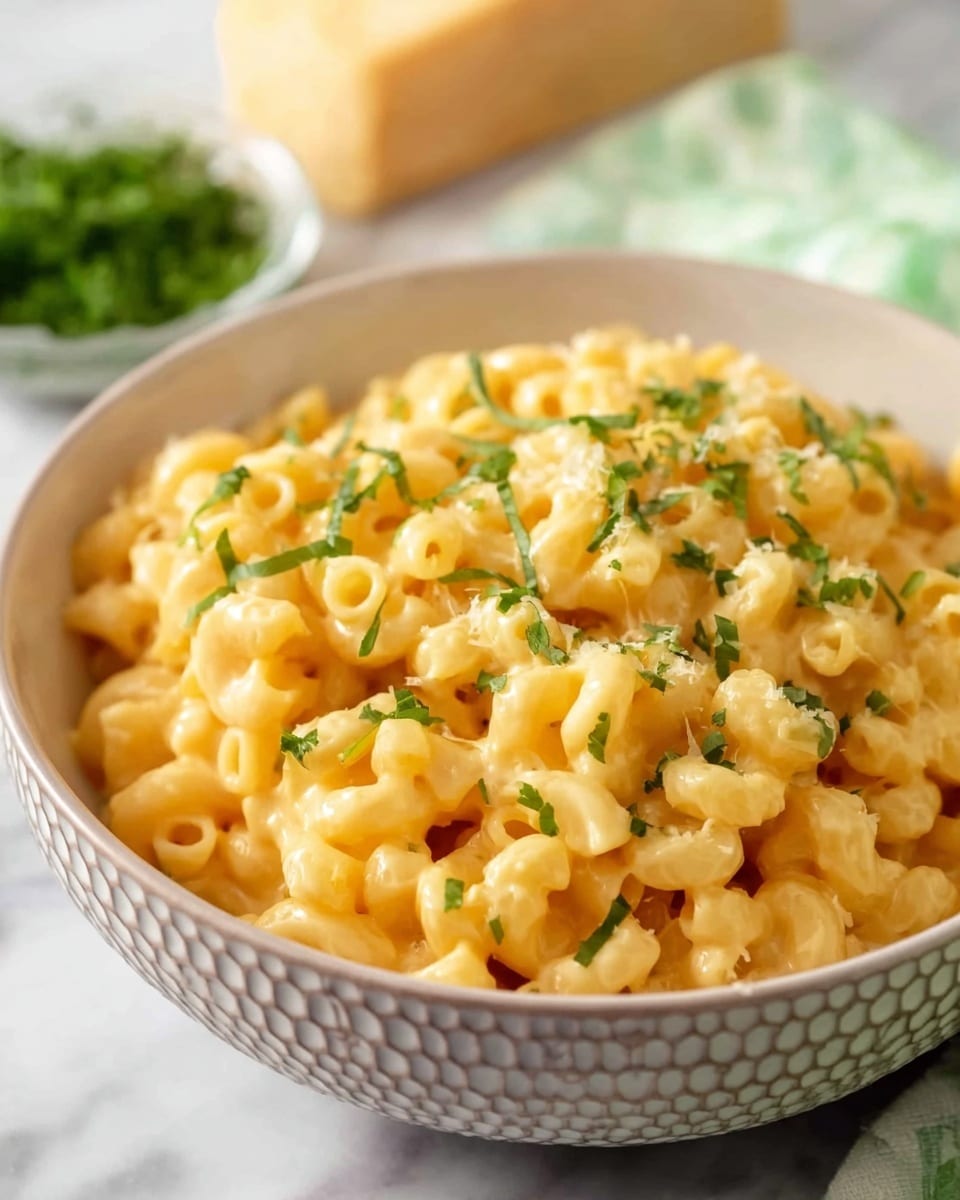 A close-up view of a white bowl with a honeycomb pattern filled with creamy, golden macaroni pasta coated in a smooth cheese sauce. The macaroni pieces are small and tubular, spread evenly and topped with finely chopped green herbs for a fresh touch. The bowl sits on a white marbled surface, and there is a block of cheese and a small bowl of green herbs slightly blurred in the background. Photo taken with an iphone --ar 4:5 --v 7