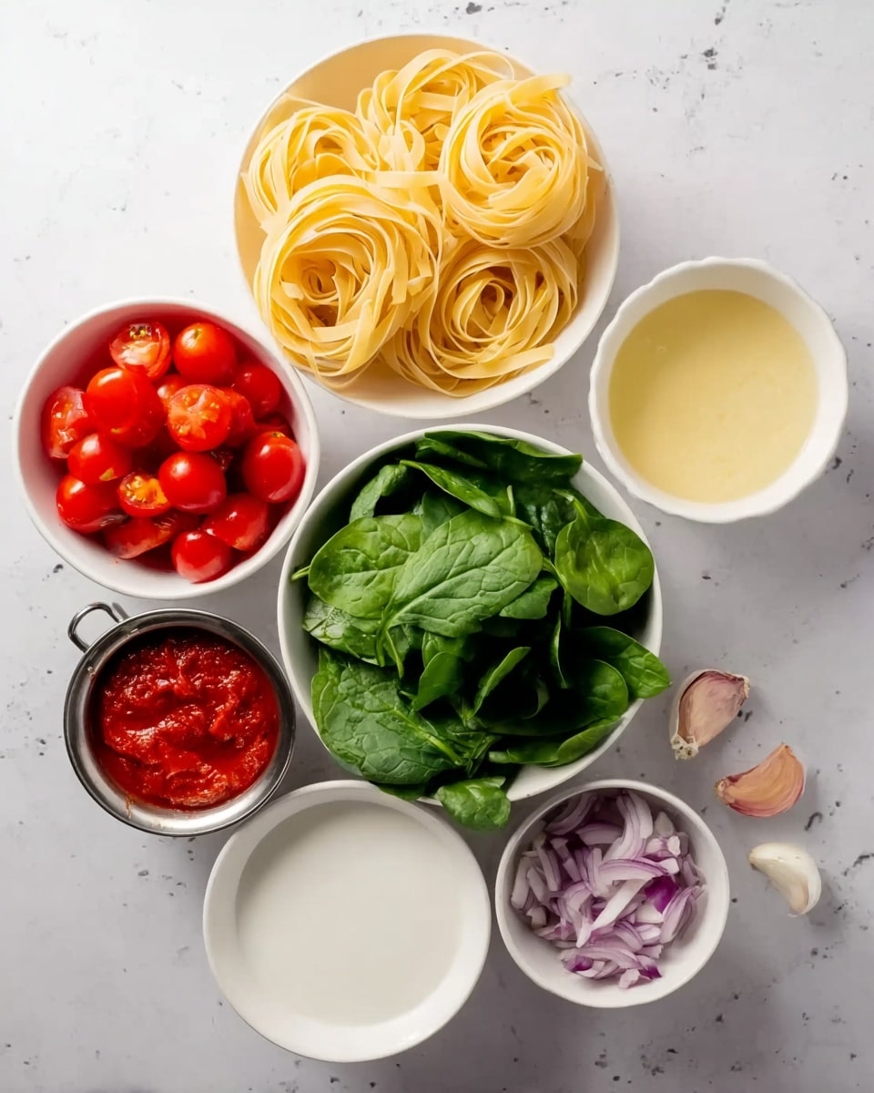 The image shows six bowls and two garlic cloves placed on a white marbled surface. The top bowl holds three nests of pale yellow uncooked pasta with a smooth texture, arranged loosely. Below it, there is a bowl filled with fresh green spinach leaves with a crinkled texture. To the left, a white bowl is filled with vibrant red cherry tomatoes cut in halves, revealing their juicy interiors. On the right, a bowl contains a pale yellow creamy liquid with a smooth surface. Beneath it, another white bowl is filled with white liquid, possibly milk or cream. To the bottom left, a small metal bowl holds thick red sauce with a dense, rich texture. Next to it is a white bowl with finely chopped purple onions. Two garlic cloves sit on the surface near the onions. photo taken with an iphone --ar 4:5 --v 7