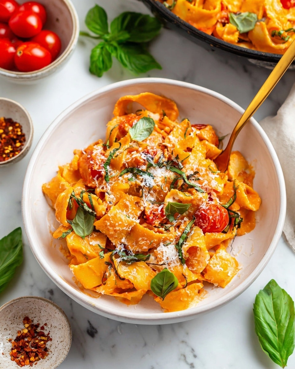 A white bowl filled with three main layers: wide, flat orange pasta ribbons coated in creamy orange sauce, scattered with bright red cherry tomato halves, and fresh green basil leaves on top and mixed inside; the entire dish is dusted with finely grated white cheese. A gold fork is inserted into the pasta. The bowl sits on a white marbled surface, surrounded by fresh green basil leaves, a small white bowl filled with shiny red cherry tomatoes to the upper left, and small dishes with red chili flakes to the lower right. Part of a larger pan with the same pasta is visible in the upper right corner. photo taken with an iphone --ar 4:5 --v 7