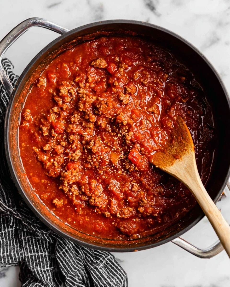 A close-up view of a large black pot filled with thick, rich red tomato sauce mixed with small chunks of cooked minced meat and bits of onion, giving the sauce a textured appearance. The sauce has a mix of smooth and coarse textures with visible specks of seasoning throughout. A wooden spoon is partially submerged on the right side of the pot, resting against the edge. The pot is placed on a white marbled surface with a black and white striped cloth partially visible on the left side. Photo taken with an iphone --ar 4:5 --v 7