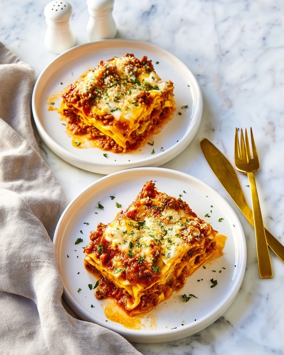 Two white plates are shown on a white marbled surface, each holding a thick, square piece of lasagna. The lasagna has several layers: a base layer of golden pasta, rich red tomato sauce with ground meat, creamy melted cheese on top with a slightly golden hue, and sprinkled green herbs scattered over the dish. The texture looks soft and saucy, with some sauce slightly spilling on the plates. Next to the plates are two gold forks, and a light gray cloth is draped beside one plate. In the top left corner, white salt and pepper shakers are partially visible. photo taken with an iphone --ar 4:5 --v 7