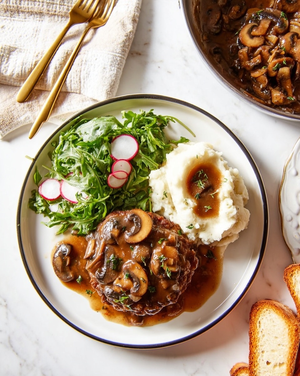 A white plate with a dark rim holds three food sections: in the bottom center is a thick, round meat patty covered with several sliced, browned mushrooms and a rich brown sauce with a glossy texture and bits of herbs; to the right is a creamy white mound of mashed potatoes topped with a small pool of the same brown sauce and mushroom pieces; to the left is a small fresh salad of bright green arugula mixed with thinly sliced radishes showing a white interior and red edges. The plate sits on a white marbled surface next to a folded cream-colored cloth with thin stripes and gold fork and knife. A silver pan with more mushroom sauce is partially visible at the top left, and lightly toasted bread slices are shown on a white plate with a dark rim at the top right. photo taken with an iphone --ar 4:5 --v 7