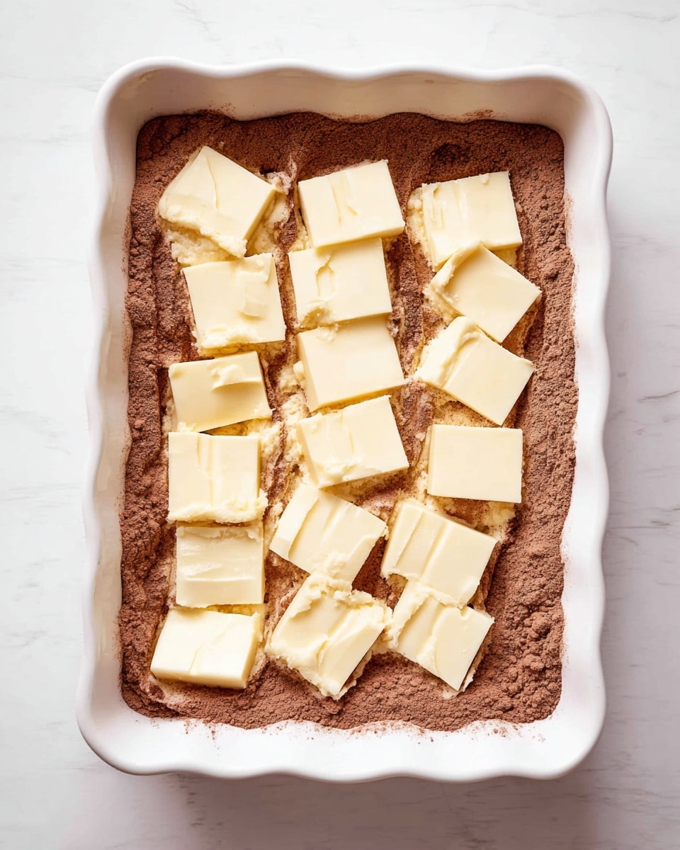 A white scalloped rectangular baking dish filled with a layer of light brown cocoa powder or dry chocolate mix spread evenly across the bottom. On top of this layer, there are many small square and rectangular pieces of pale yellow butter spread out in rows, partially sinking into the powder. The scene is set on a white marbled surface, showing a bright, clean, and simple baking preparation photo taken with an iphone --ar 4:5 --v 7