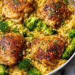 Skillet Chicken Thighs with Broccoli Cheddar Orzo Recipe